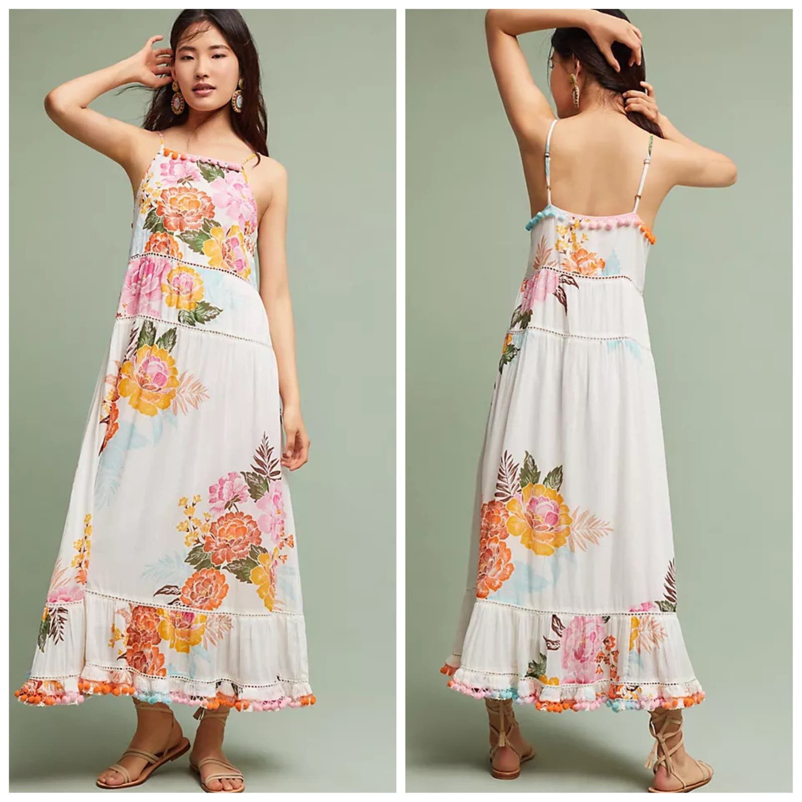 image of Farm Rio Havana Floral Pom Pom Midi Dress in White, Women's (Size Small)