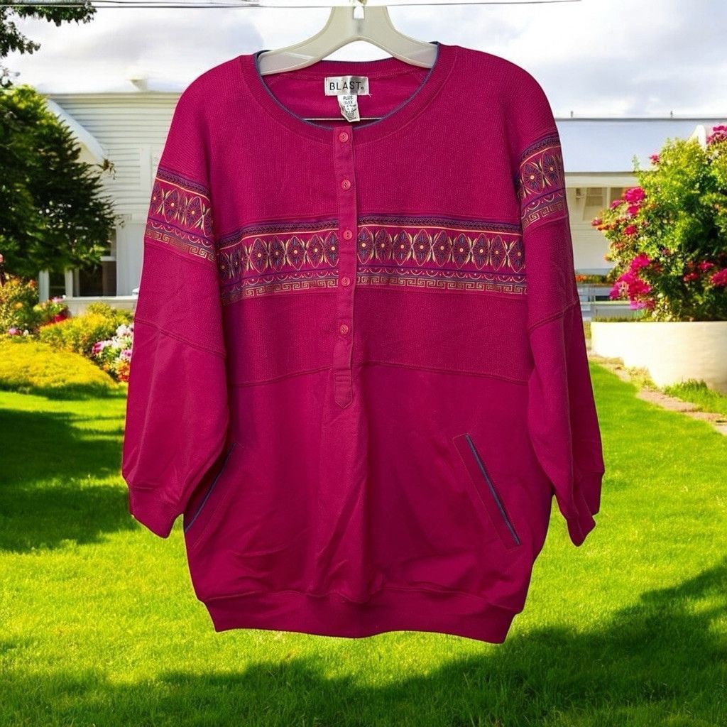 Vintage 90s Blast 3/4 Sleeve Henley Light Sweater Top Blouse XL 1X Size XL / US 12-14 / IT 48-50 - 1 Thumbnail