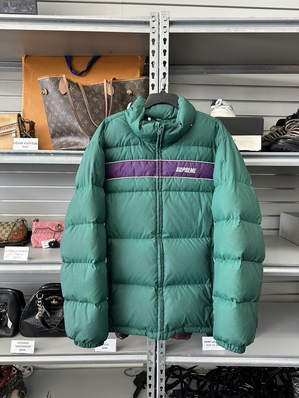 Supreme Supreme Stripe Panel Down Jacket GREEN PURPLE XL Size US XL / EU 56 / 4 - 1 Thumbnail