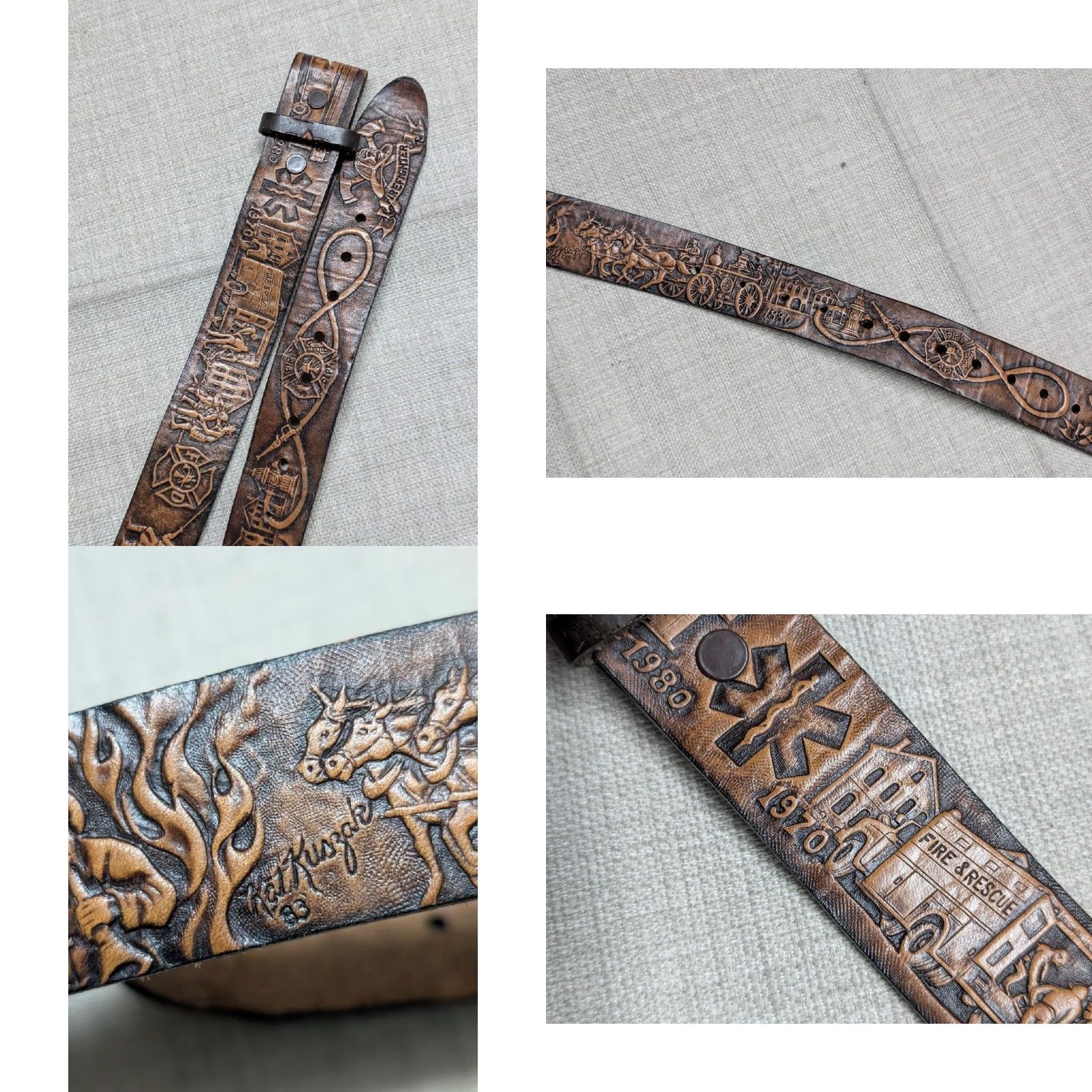 Vintage VINTAGE handcrafted USA made FIREFIGHTER leather Western belt 40 brown 1-1/2" belt Western Mens Fire Department pattern 40/42 decade Size 40 - 8 Thumbnail