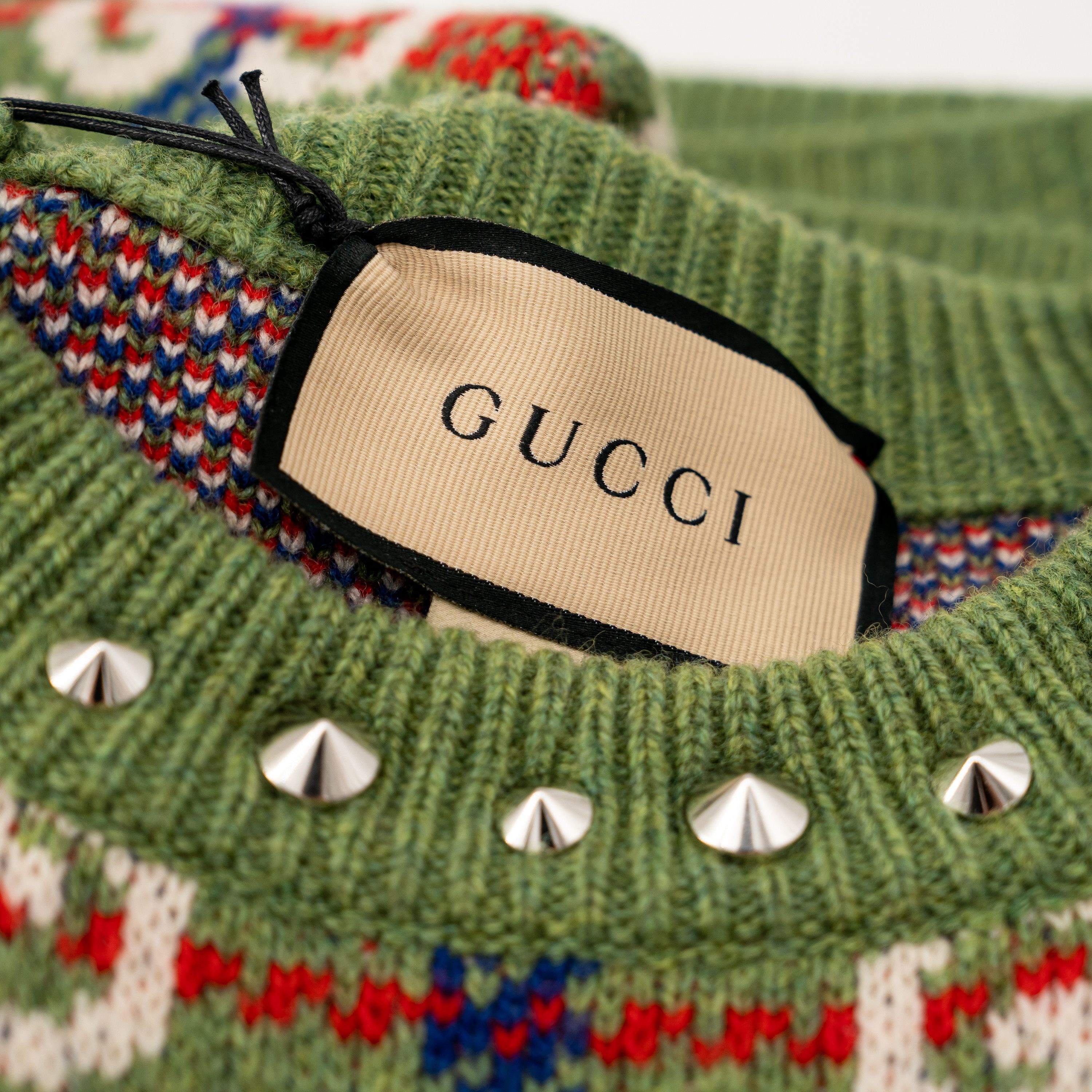 Gucci S - Gucci GG Check Knit Wool Sweater Neck Studs Green Size US S / EU 44-46 / 1 - 9 Thumbnail