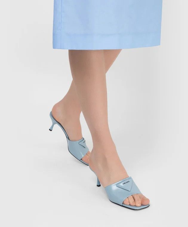 Prada oc11z0625 Brushed Leather Heeled Slides Sandals in Blue Size US 9 / IT 39 - 2 Thumbnail