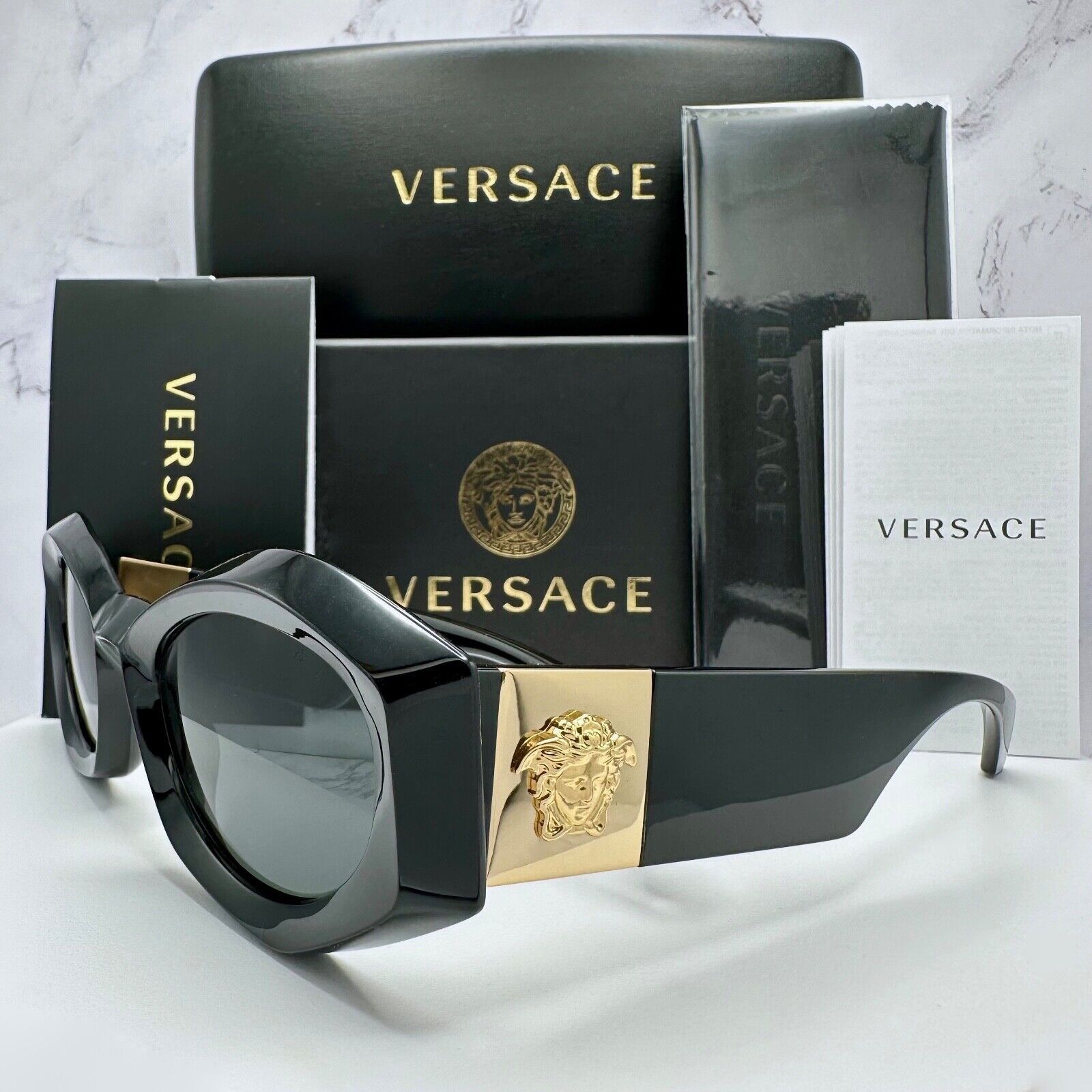 Versace New Versace Sunglasses Black Gold Medusa Plaque Oval Italy Size ONE SIZE - 1 Thumbnail