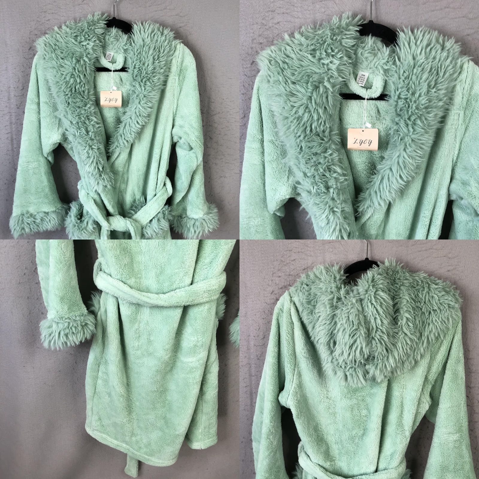 Vintage LYCY Robe Womens S/M Green Faux Fur Trim Hooded Plush Fleece Lounge Cozy Bath Size ONE SIZE - 9 Thumbnail
