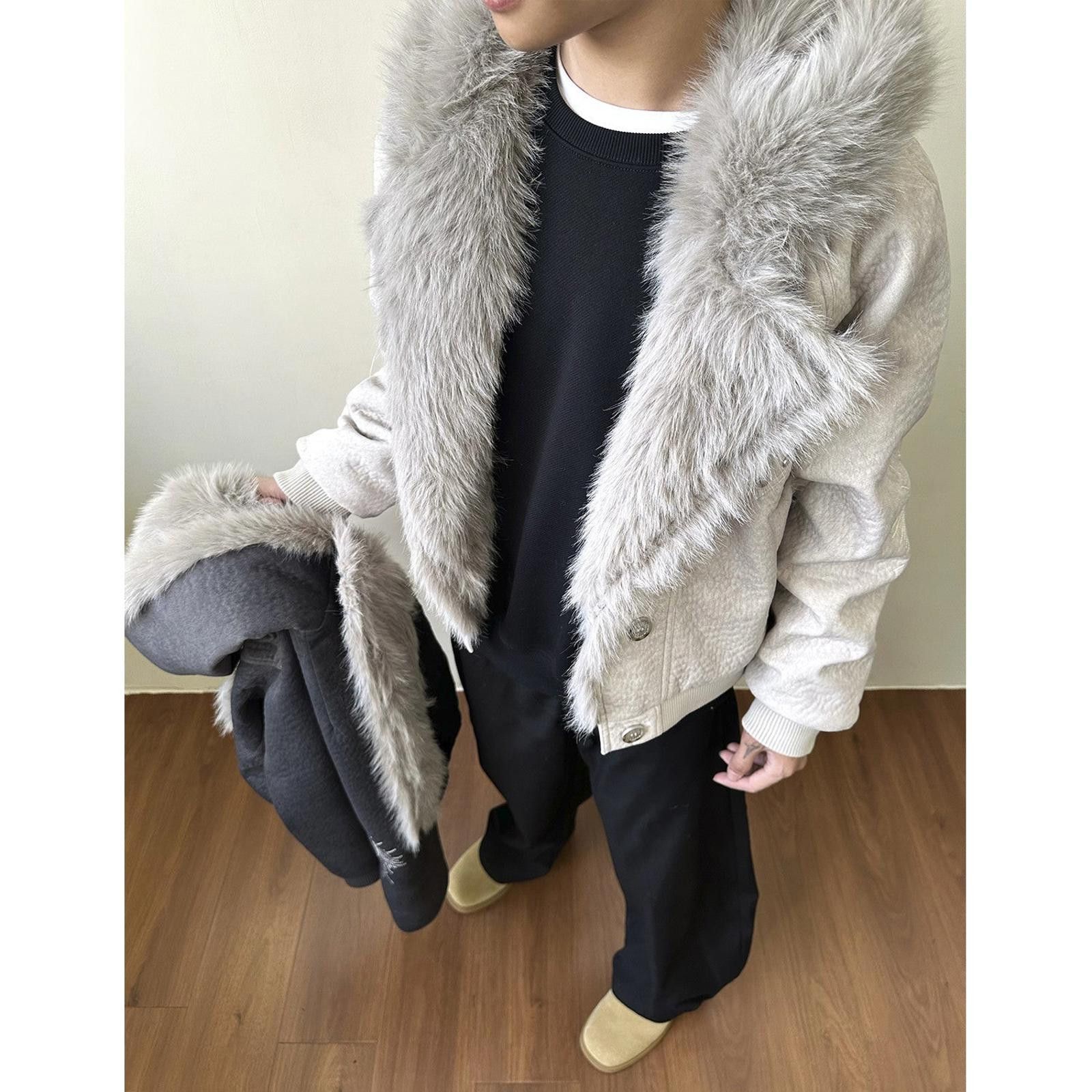 Japanese Brand Gray Faux Fur Collar Bomber Jacket, Men's Outerwear Size US M / EU 48-50 / 2 - 3 Thumbnail
