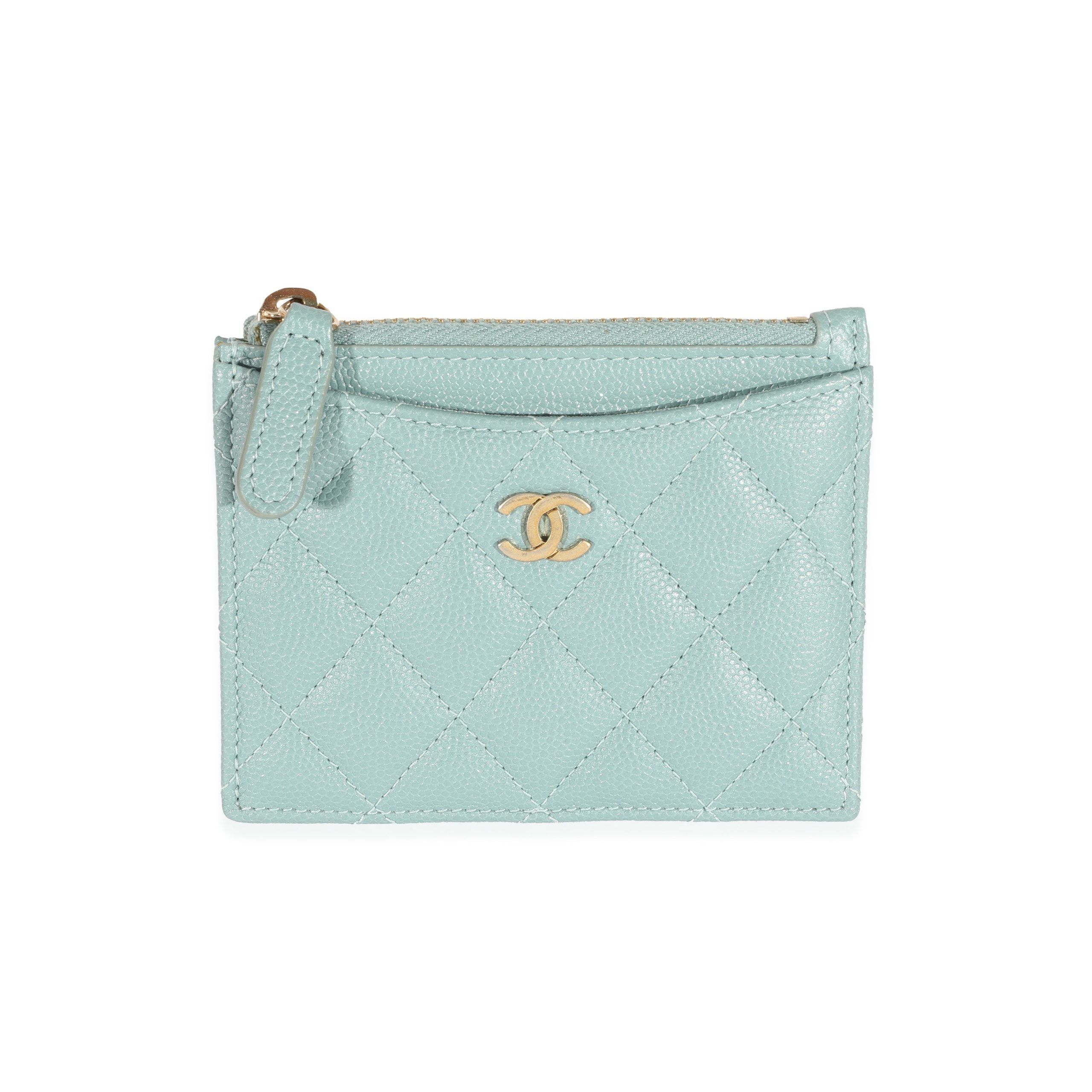 image of Chanel Cc Green Glitter Caviar Zip Card Holder, Women's