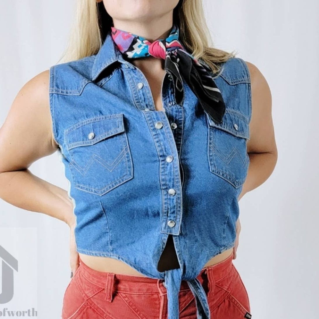 NEW 70's Wrangler Denim Pearl Snap Crop Tie Front Vest