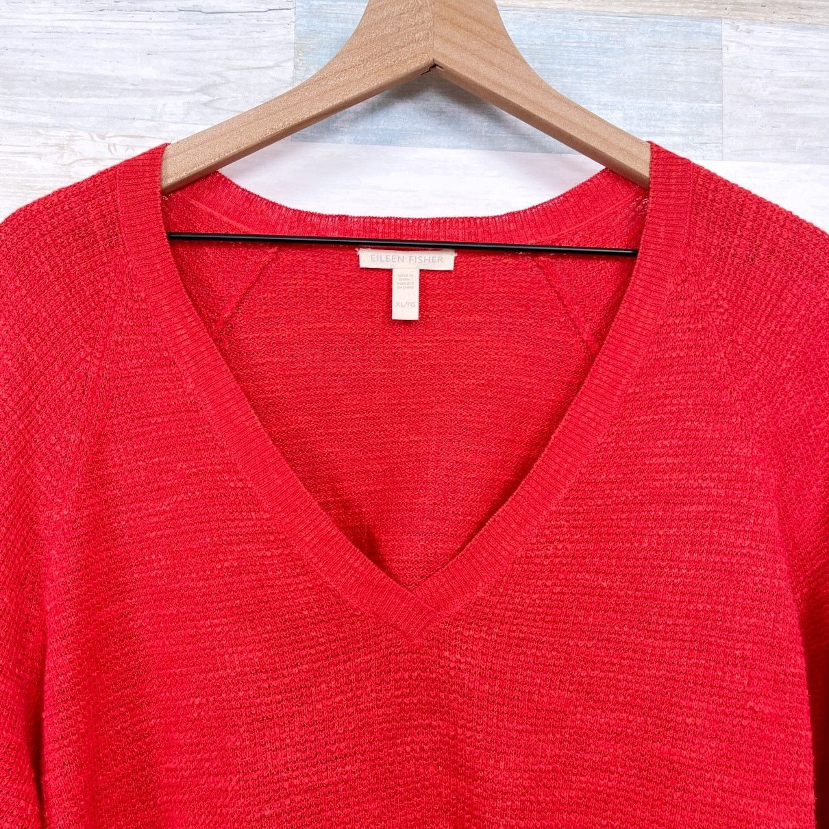 Eileen Fisher Organic Linen Waffle Knit Top Red Long Sleeve V Neck Womens 2024 XL