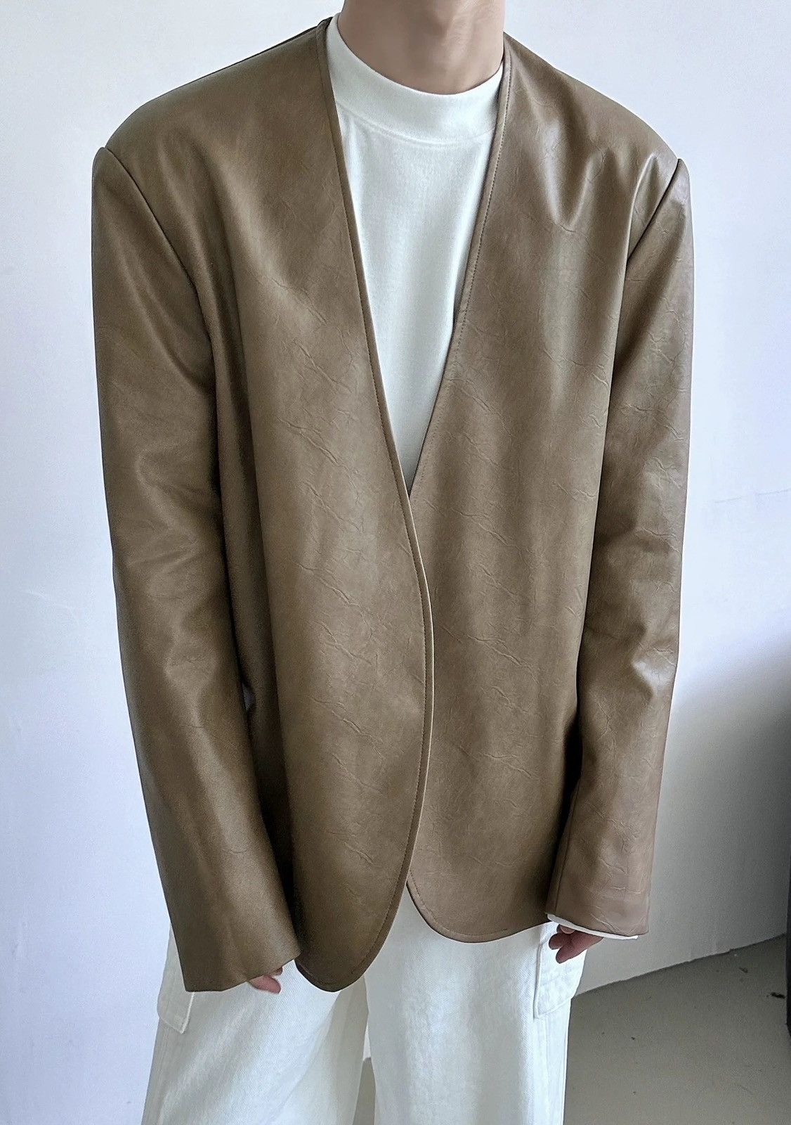 Japanese Brand × Vintage Retro cracked pu leather no collar collarless blazer jacket Size US L / EU 52-54 / 3 - 5 Thumbnail
