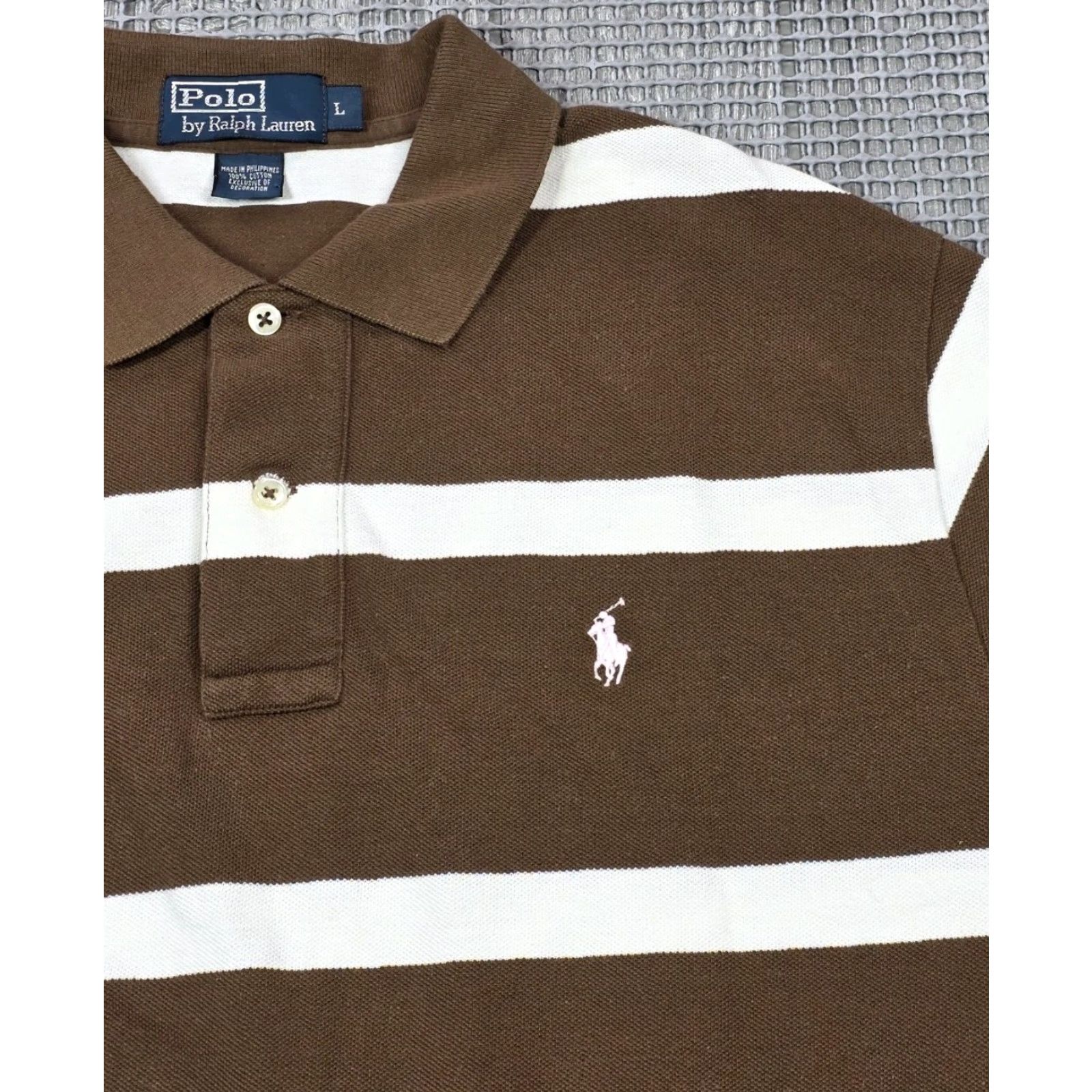 VINTAGE Polo Ralph Lauren Shirt L Brown White Short Sleeve Pique Polo Ralph Lauren Polo Shirt L Brown White Short Sleeve Pique Pink Pony 90s USA Mens