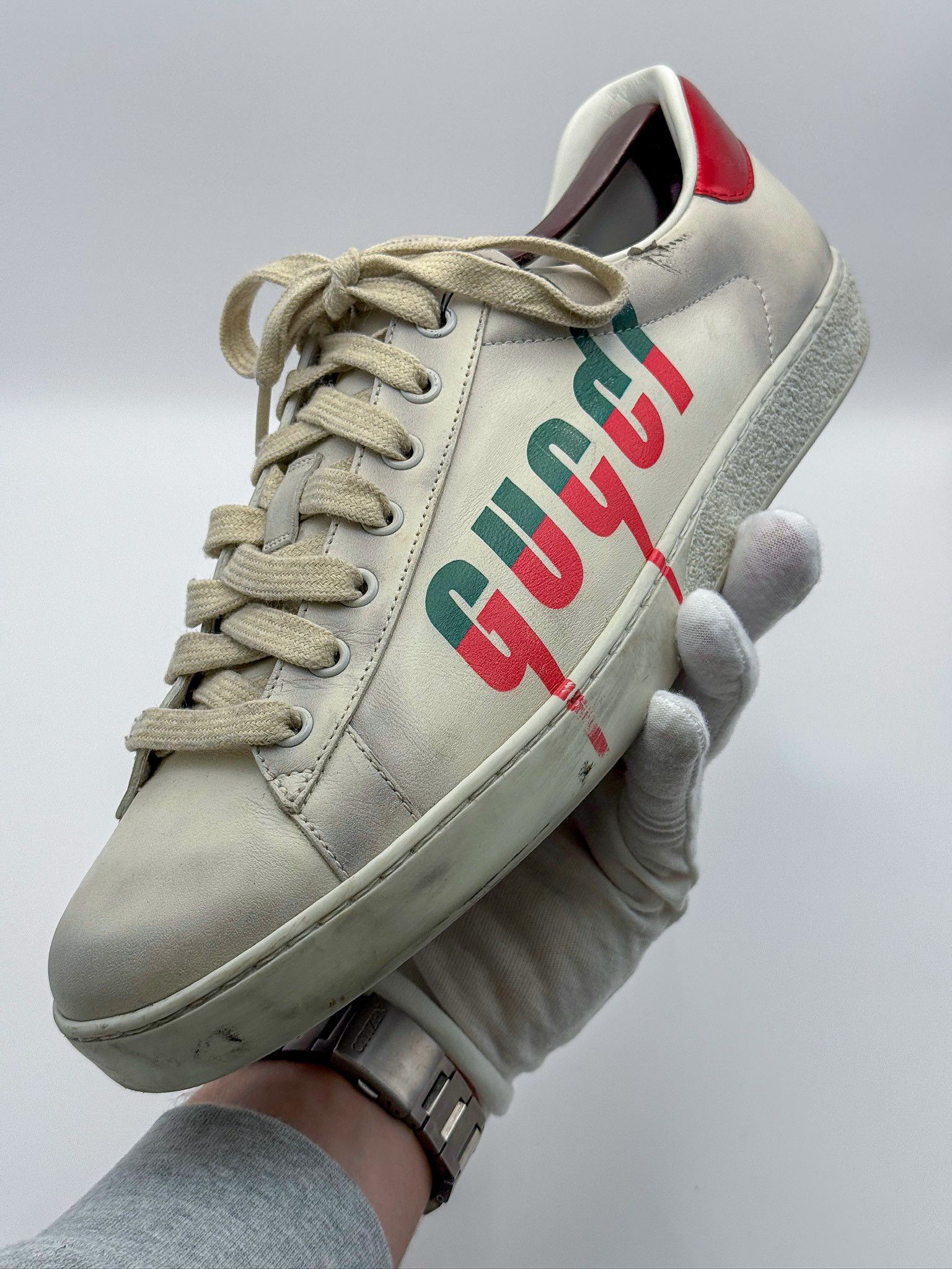 Gucci Gucci Ace Graffiti Logo Distressed White-Beige Leather Size US 10 / EU 43 - 9 Thumbnail