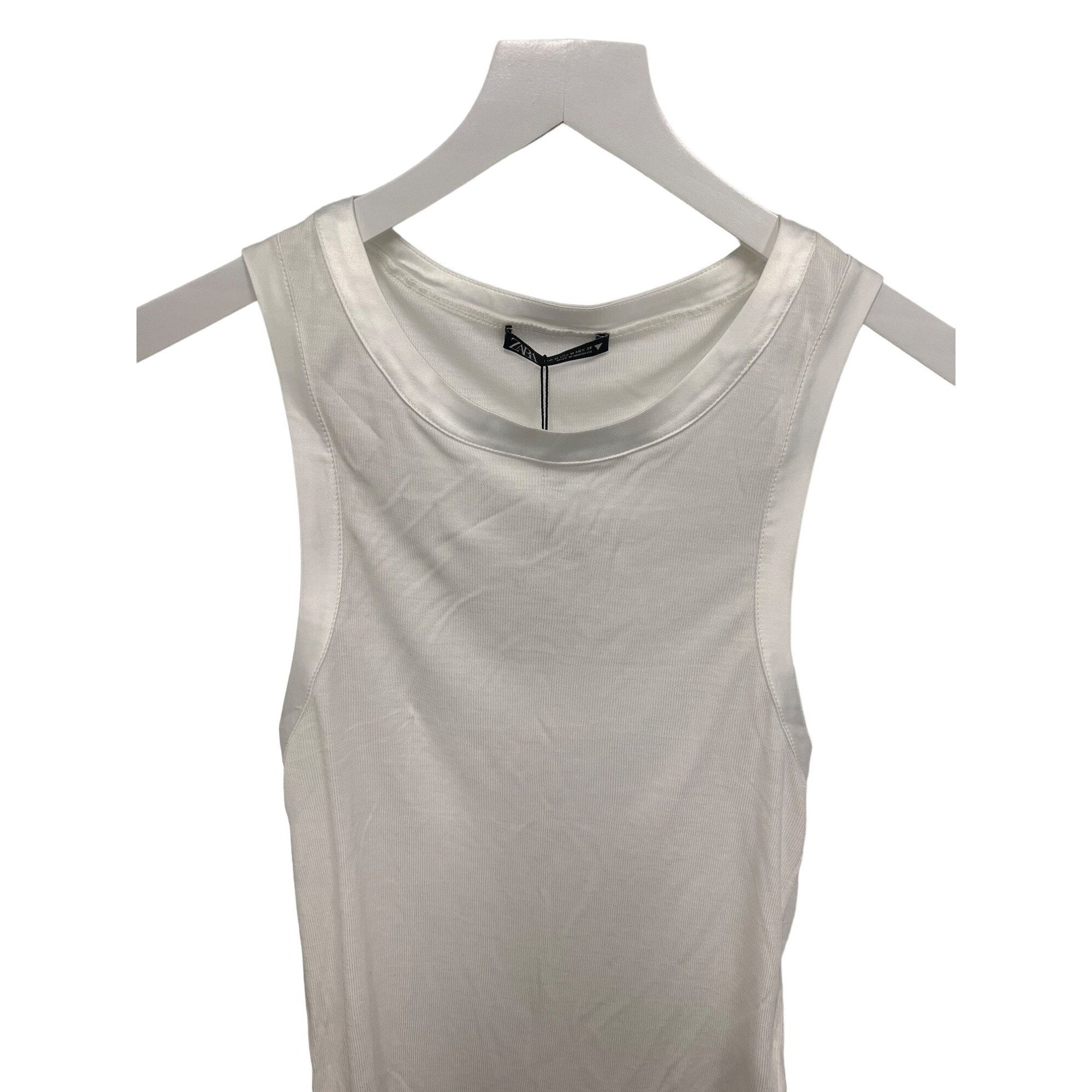 Zara Zara White Ribbed Tank Top With Silky Trim Detail Size M / US 6-8 / IT 42-44 - 2 Thumbnail