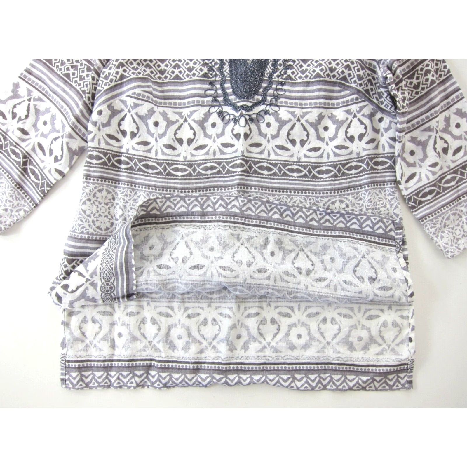 JM Collection JM Collection 100% Linen Grey White Floral Silver 3/4 Sleeve Tunic Blouse Medium Size M / US 6-8 / IT 42-44 - 5 Thumbnail