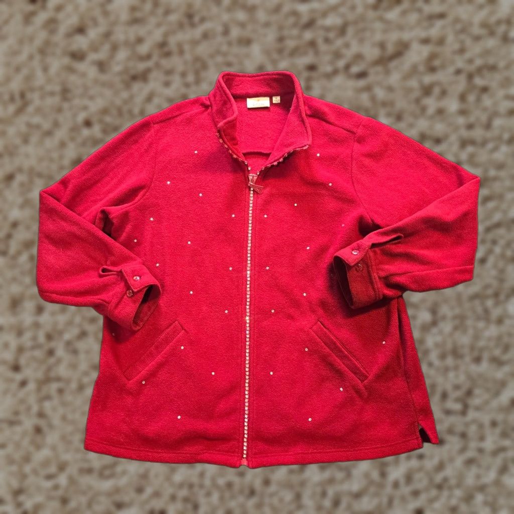 Quacker Factory Quacker Factory Jacket Womens XL Red Fleece Full Zip Rhinestones Casual Jacket Size XL / US 12-14 / IT 48-50 - 1 Thumbnail