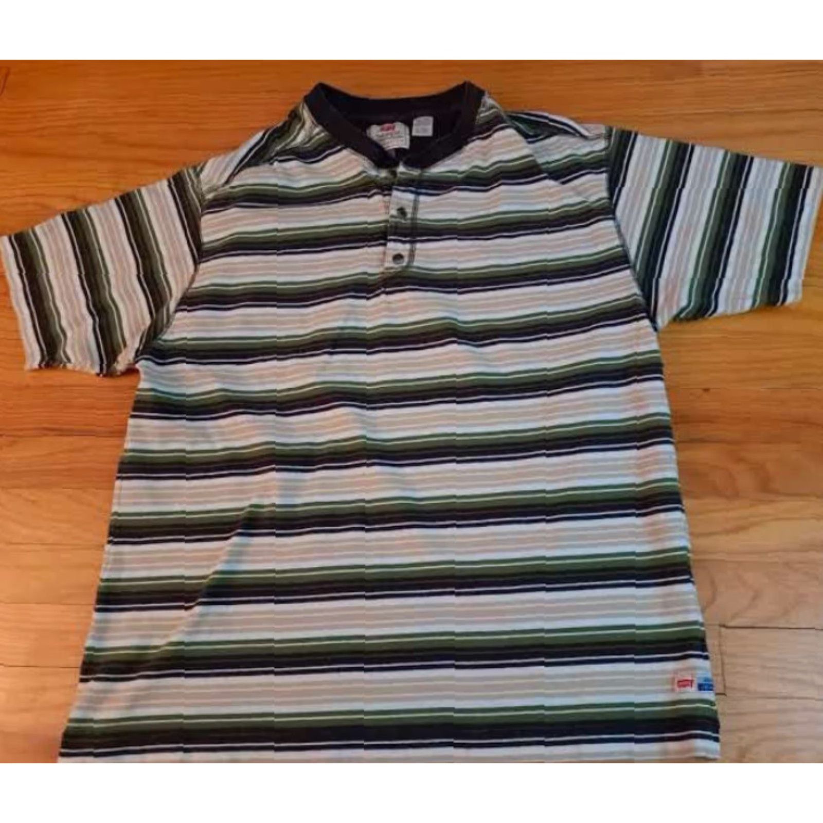 Levi's VINTAGE Levi's Button-Up Shirt XL Striped USA Cotton Canvas Short Sleeve Green- Black- tan Unisex Adults 27in long 23in pit to pit X-Large Size US XL / EU 56 / 4 - 2 Thumbnail