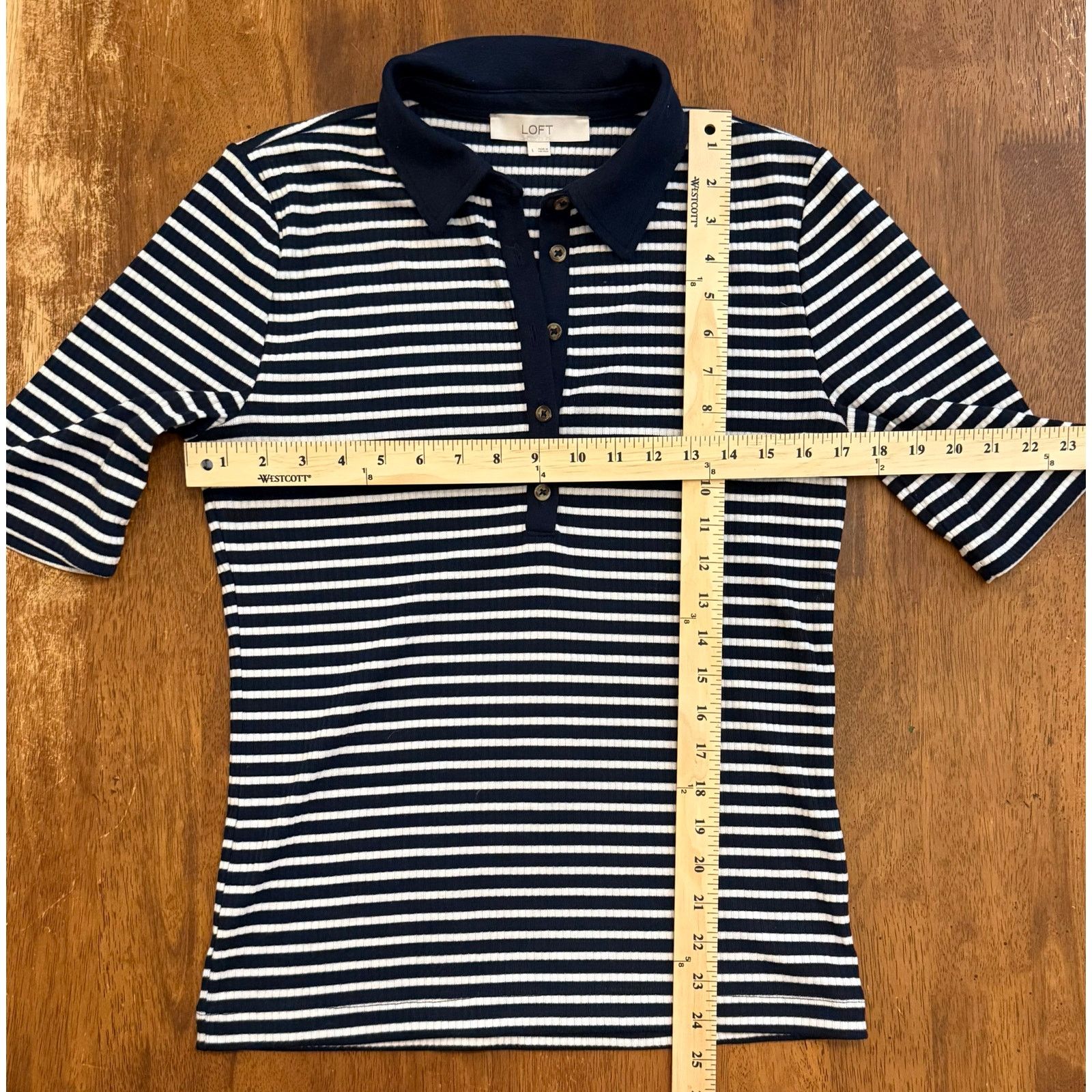 Loft EUC LOFT Women's Navy White Striped Collared Blouse Large Size L / US 10 / IT 46 - 4 Thumbnail