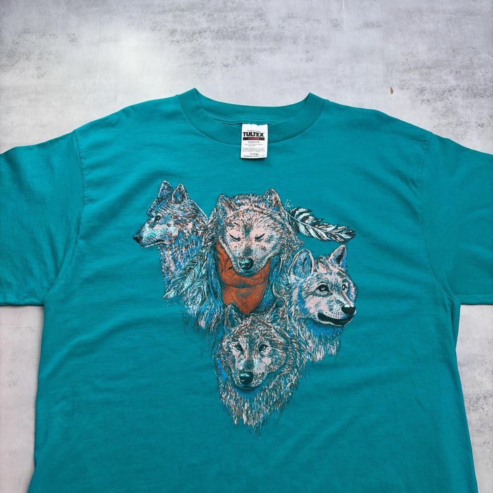 Tultex Vintage Teal Wolf Nature Graphic T-Shirt Size US XL / EU 56 / 4 - 5 Thumbnail