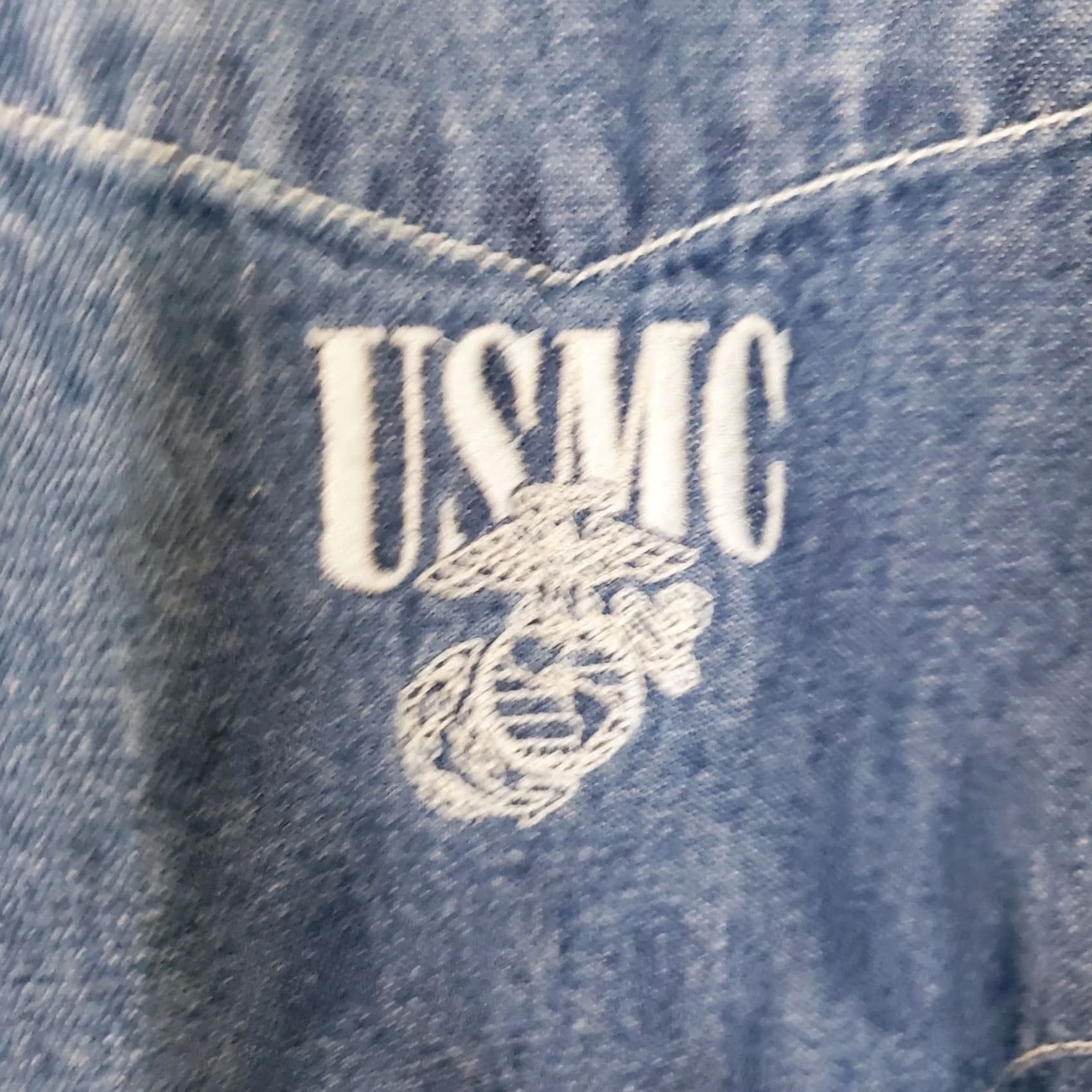 Denime Supplies Menswear Mens Denim Button-Up Shirt Blue with USMC Marines Logo Pocket Long Sleeve Collared Button-Up Regular Fit M Boys Mens Girls? Size US 31 - 4 Thumbnail