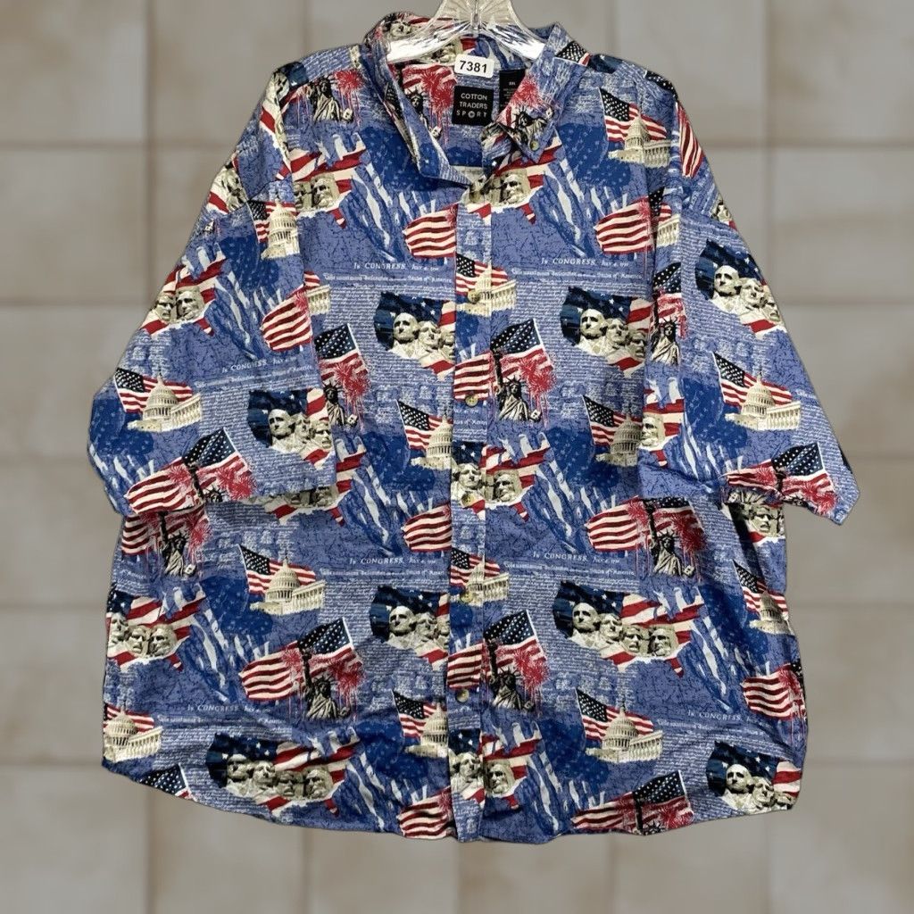 Cotton Traders VINTAGE Cotton Traders Men's 2XL Patriotic Short Sleeve Shirt Red White Blue American Flag Mount Rushmore Summer Casual Size US XXL / EU 58 / 5 - 1 Thumbnail