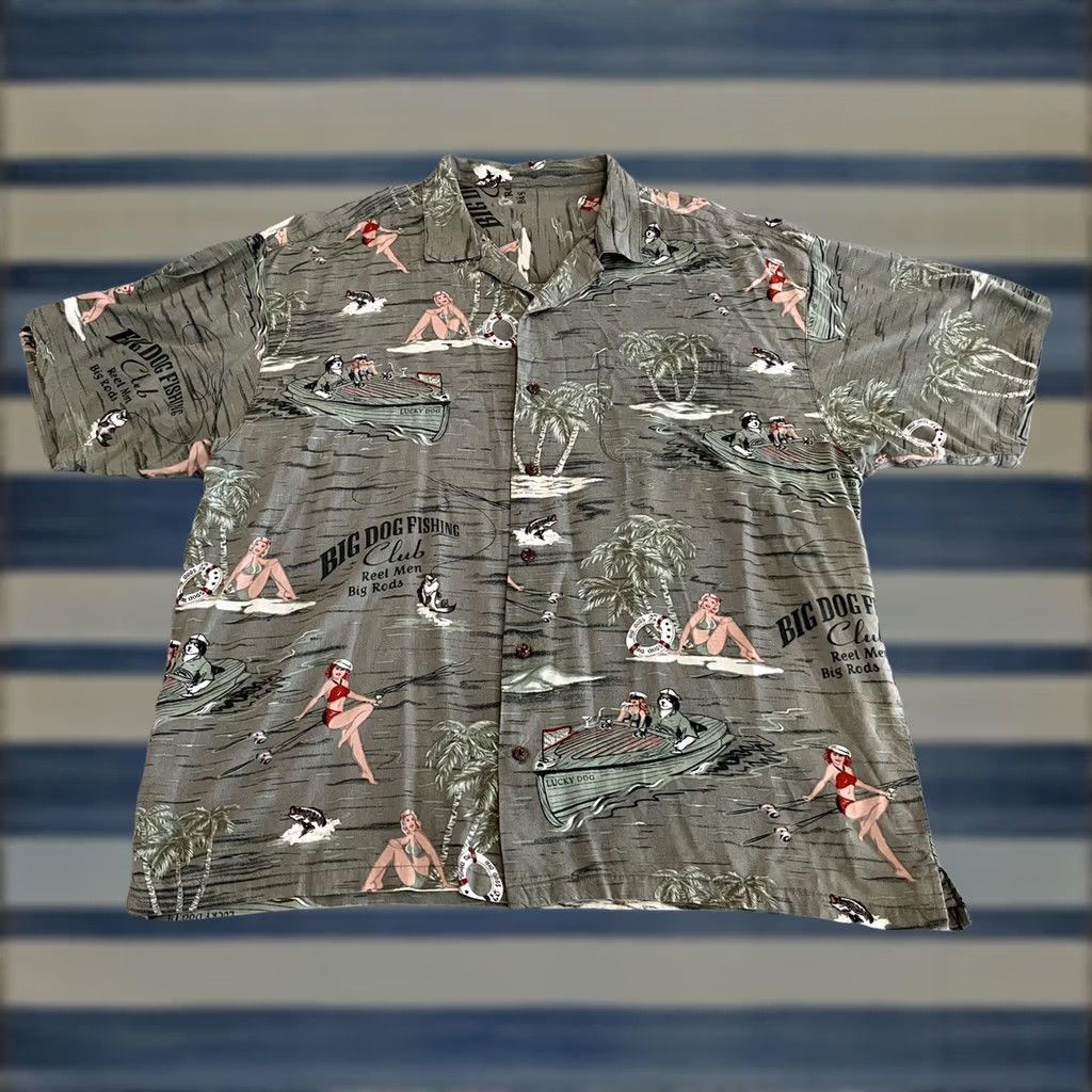 Big Dogs Big Dogs Fishing Bass Pinup Girls Rayon Hawaiian Shirt Mens 3XL XXXL Green Short Sleeve Button-Up Ocean/Sea/Coast Theme Mens Size US XXL / EU 58 / 5 - 1 Thumbnail