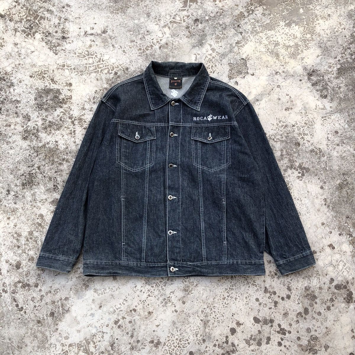 image of Denim Jacket x Rocawear Embroidery Logo Denim Trucker Jacket in Black, Men's (Size 2XL)