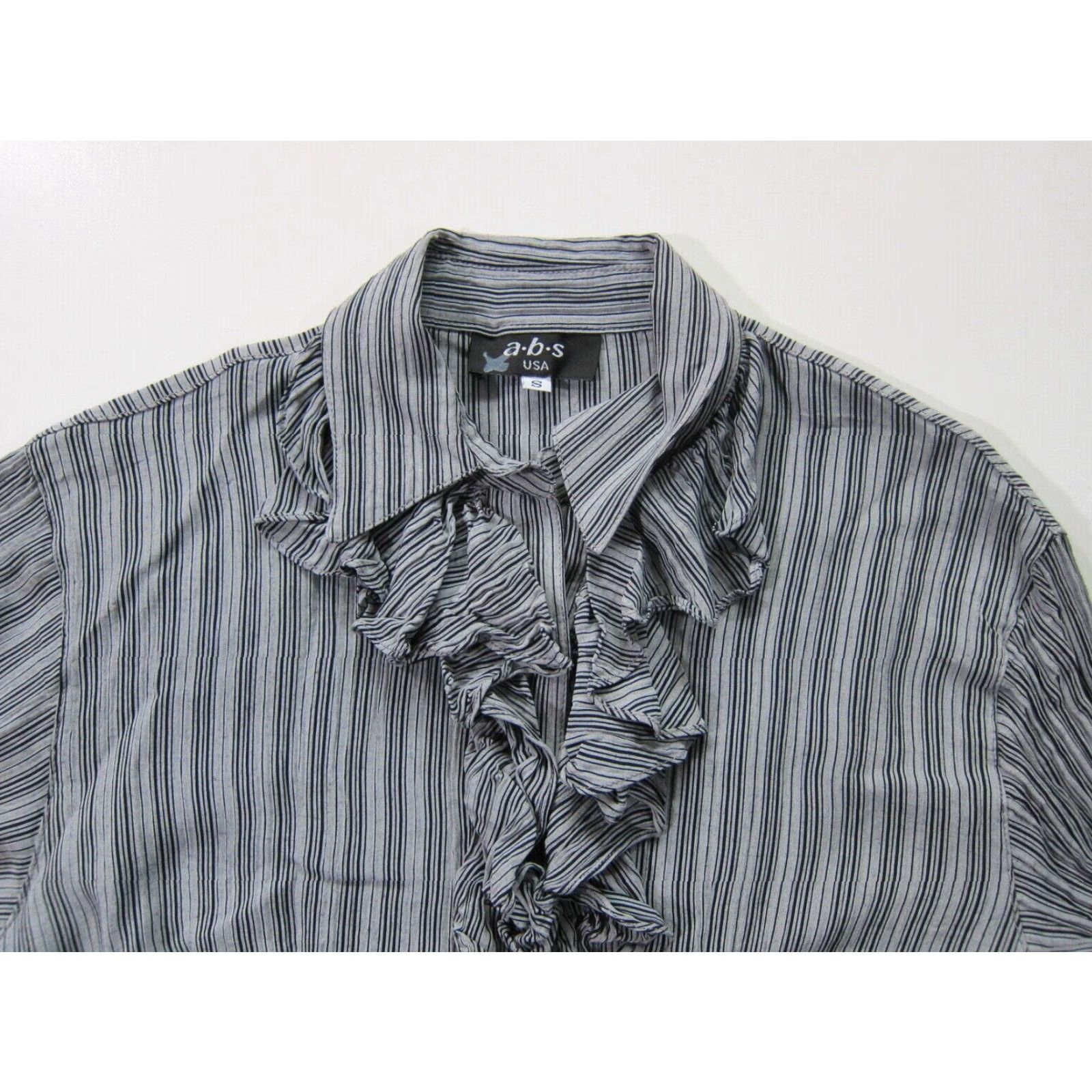 Vintage a.b.s USA Rayon Grey Black Stripe Ruffle Neck Long Sleeve Blouse Women S Size S / US 4 / IT 40 - 3 Thumbnail