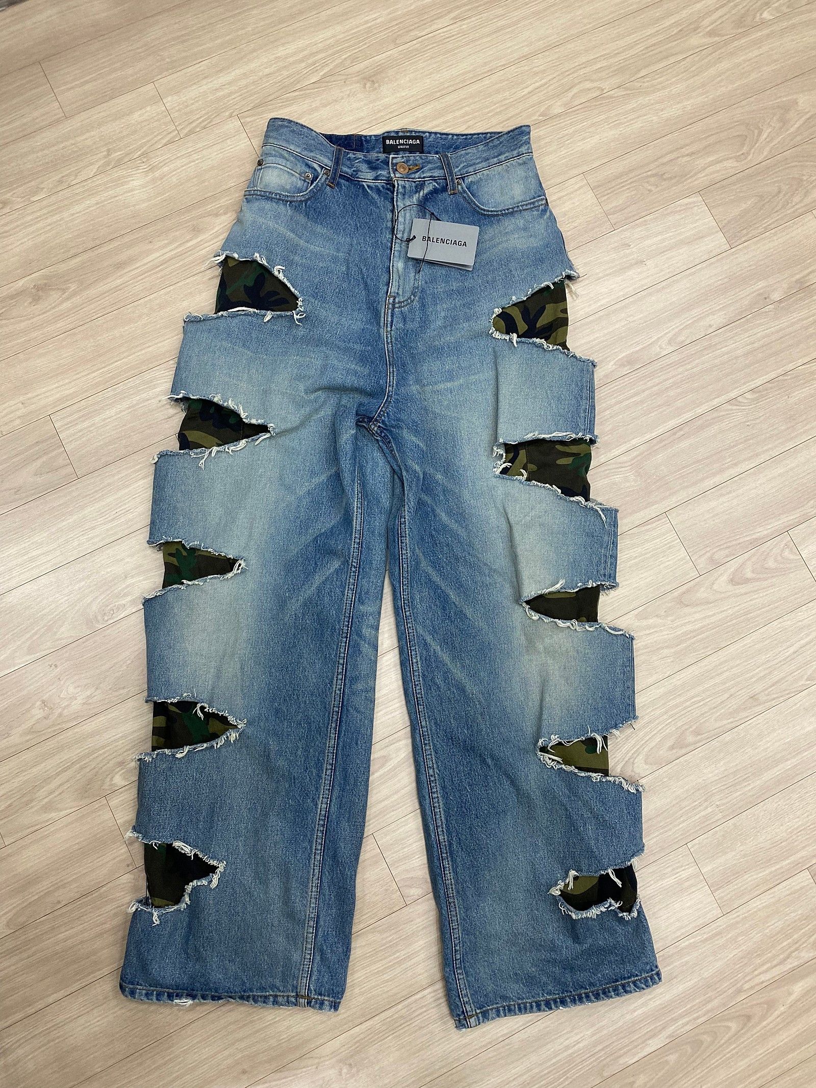 image of Balenciaga Camo Slashed Denim Baggy Jeans in Blue, Men's (Size 30)