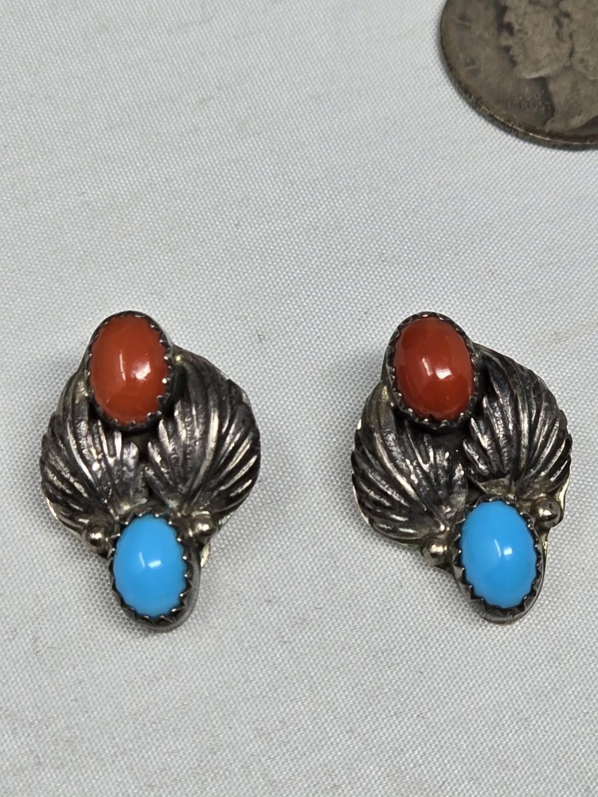 Other Sterling Silver Turquoise Coral Clip Earrings Vintage Size ONE SIZE - 1 Thumbnail
