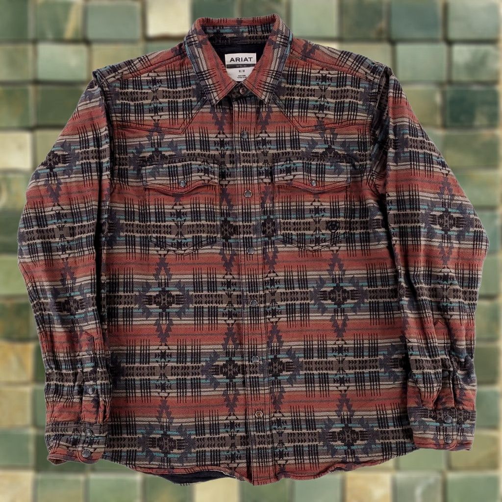 Ariat Ariat Pearl Snap Button Up Shirt Southwest Aztec Knit Long Sleeve Mens M Multicolor Aztec Mens Shirt Size US M / EU 48-50 / 2 - 1 Thumbnail