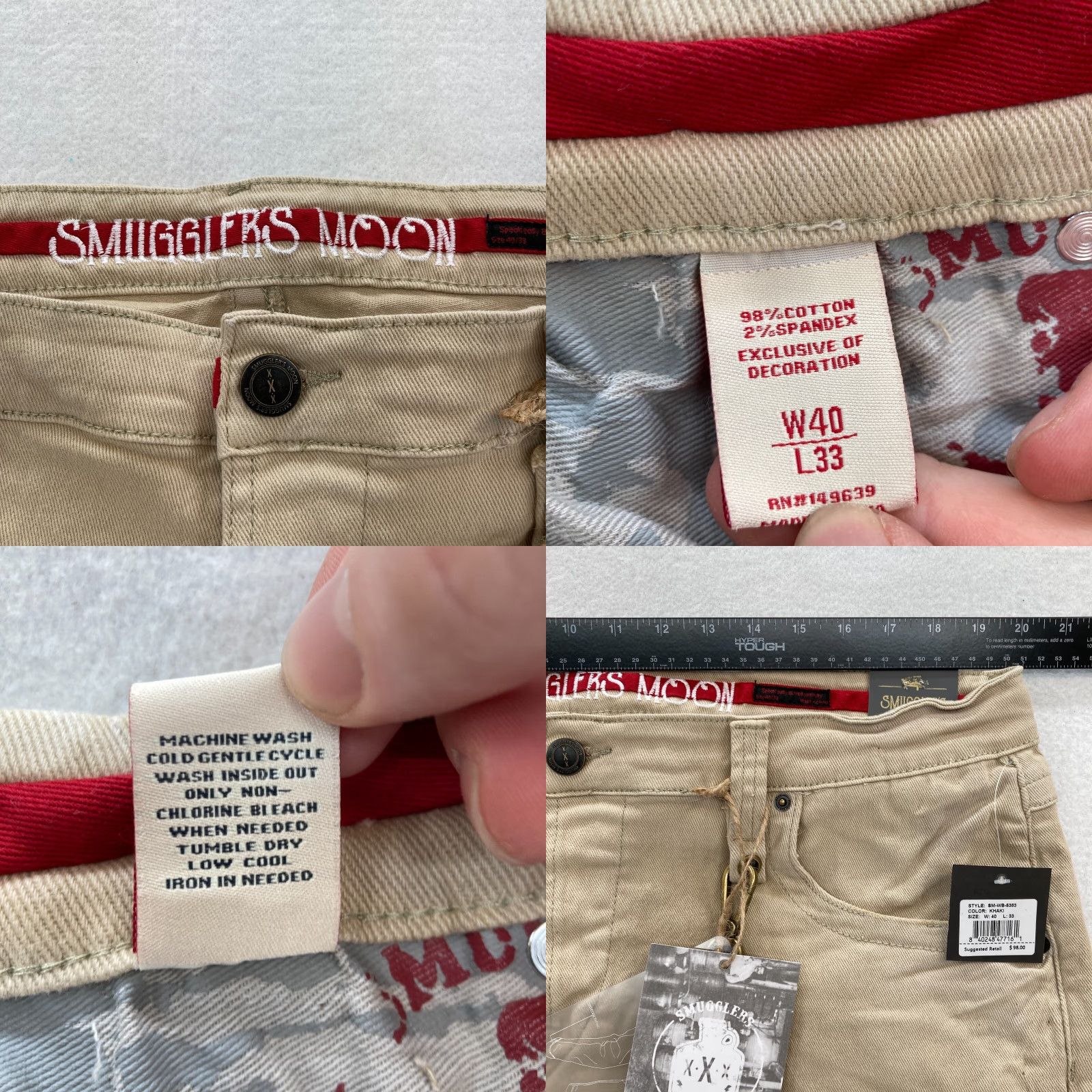 Denime Smugglers Moon Jeans Mens 40x33 Khaki Beige Denim Button Fly Roll Up Distressed Size US 40 / EU 56 - 8 Thumbnail