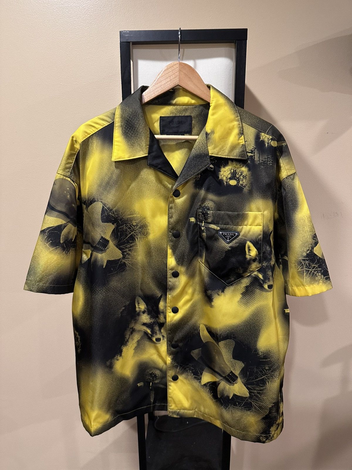 Prada Prada Abstract Fox-Print Yellow Nylon Yellow Bowling Shirt Size US XL / EU 56 / 4 - 1 Thumbnail