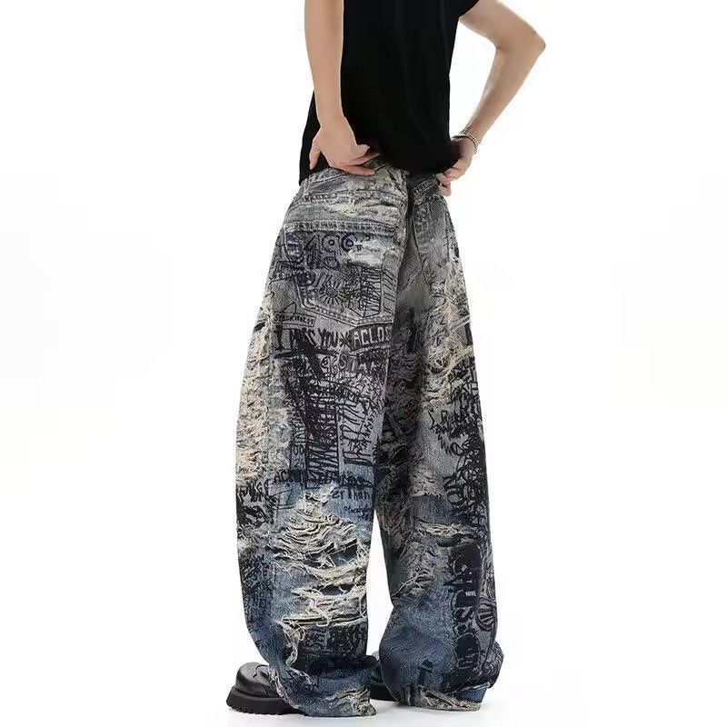 Japanese Brand Printed Distressed Denim Pants Wide-Leg, Graffiti Streetwear Size US 26 / EU 42 - 8 Thumbnail
