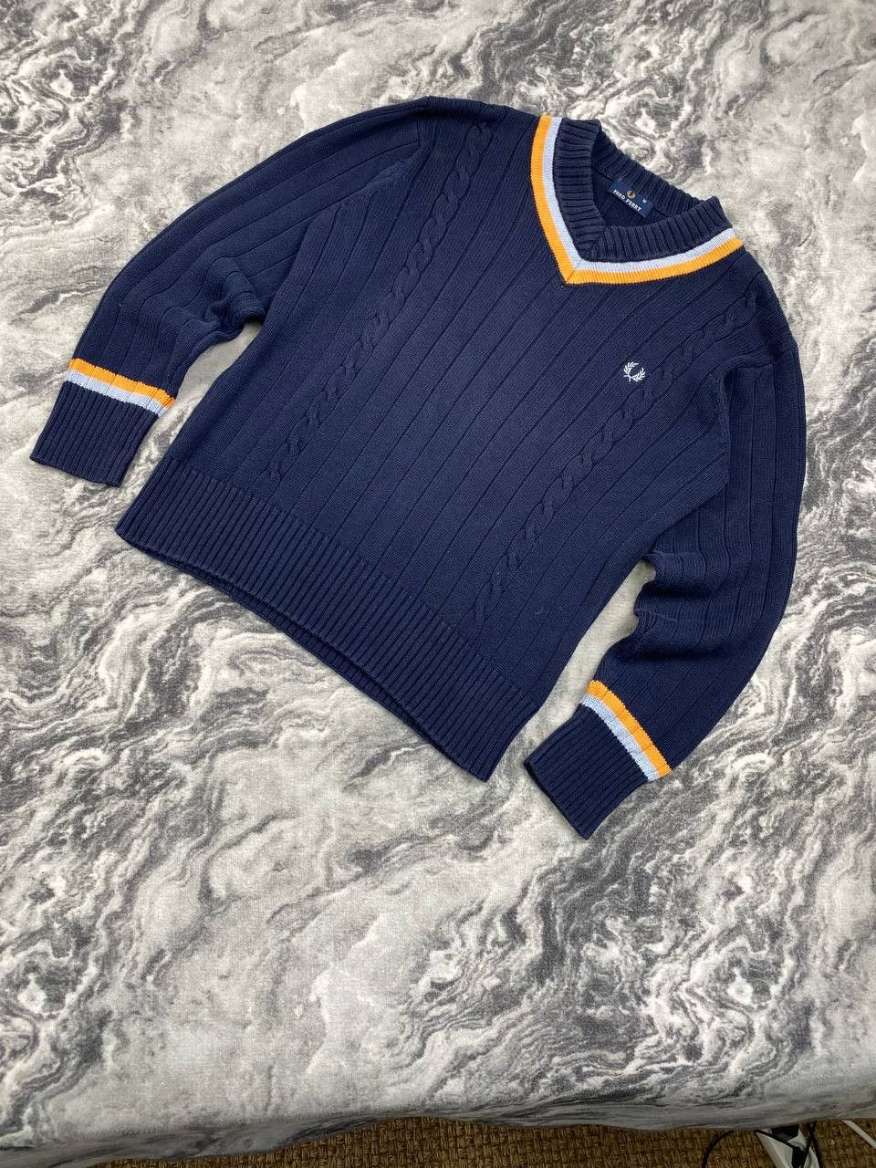 Vintage Fred Perry Cable Knit Ribbed Sweater V Neck