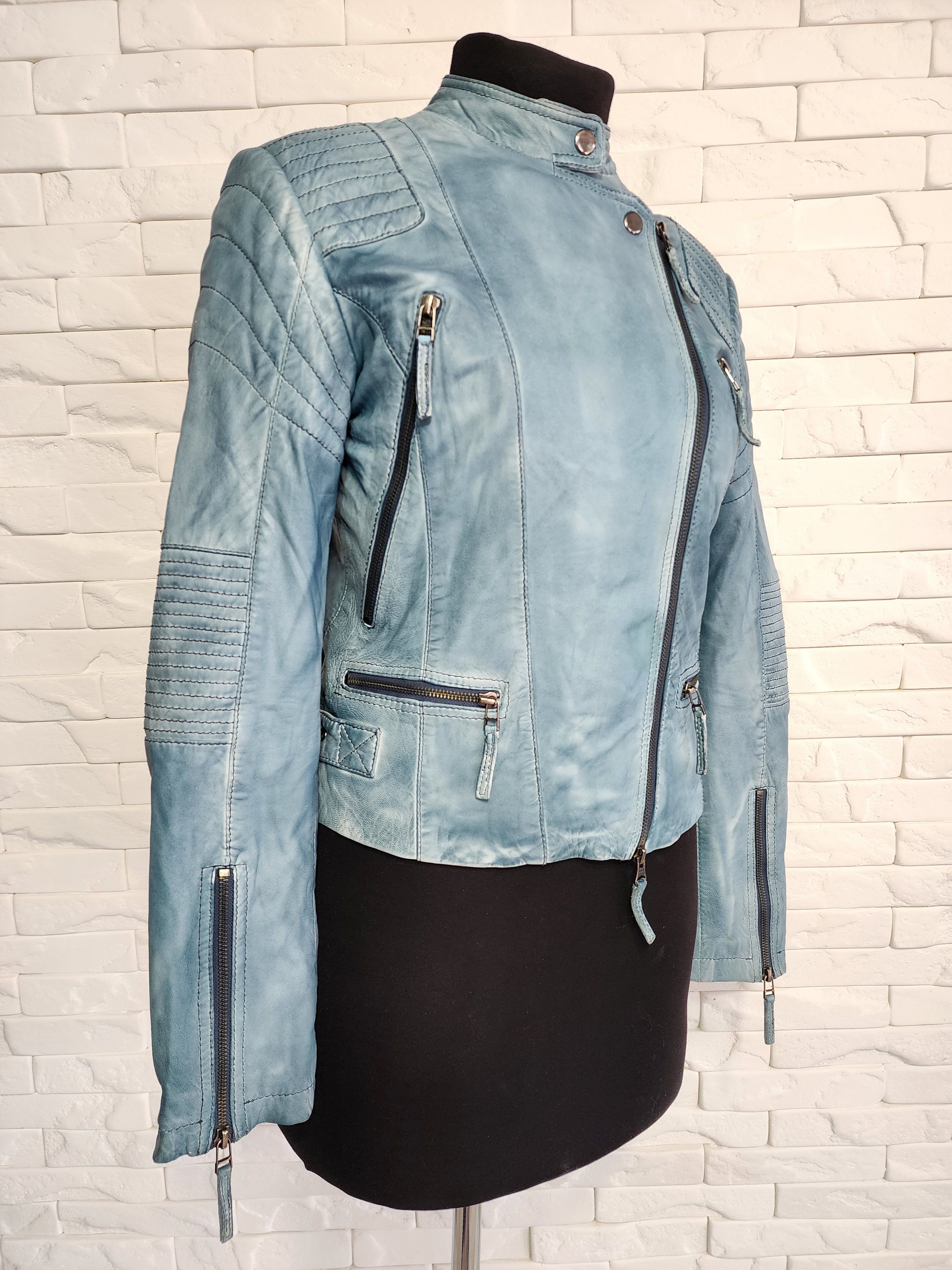 Other Blue Leather Biker Jacket - Women's Metal Zipper Moto Jacket Size M / US 6-8 / IT 42-44 - 3 Thumbnail