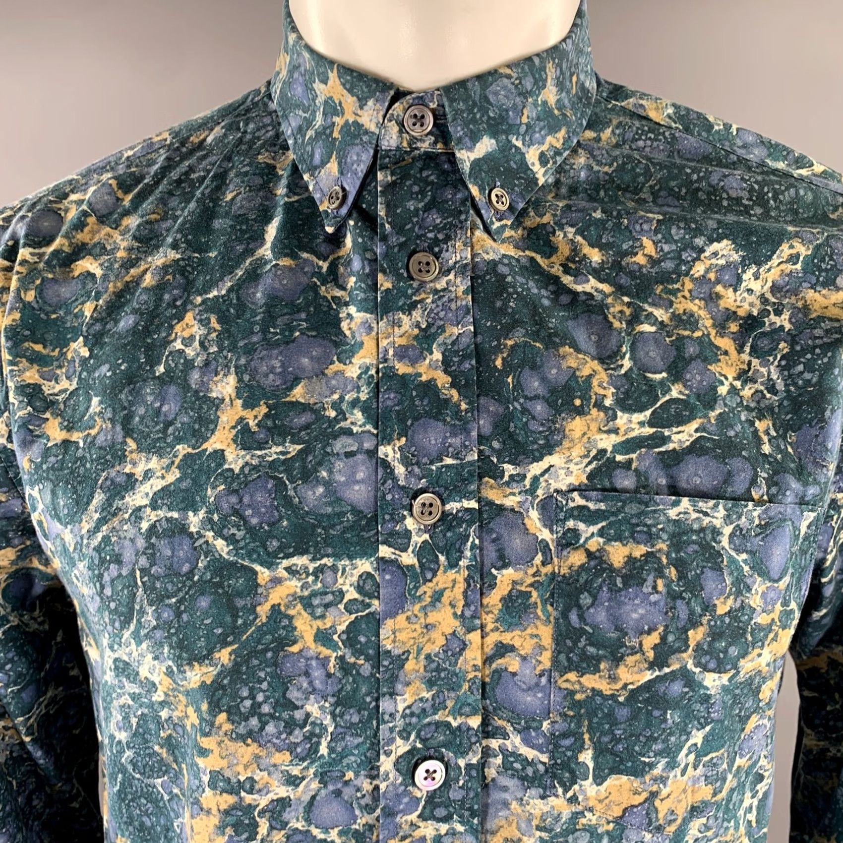 Acne Studios ACNE STUDIOS Size M Blue Teal Marbled Cotton Button Down Long Sleeve Shirt Size US M / EU 48-50 / 2 - 2 Thumbnail