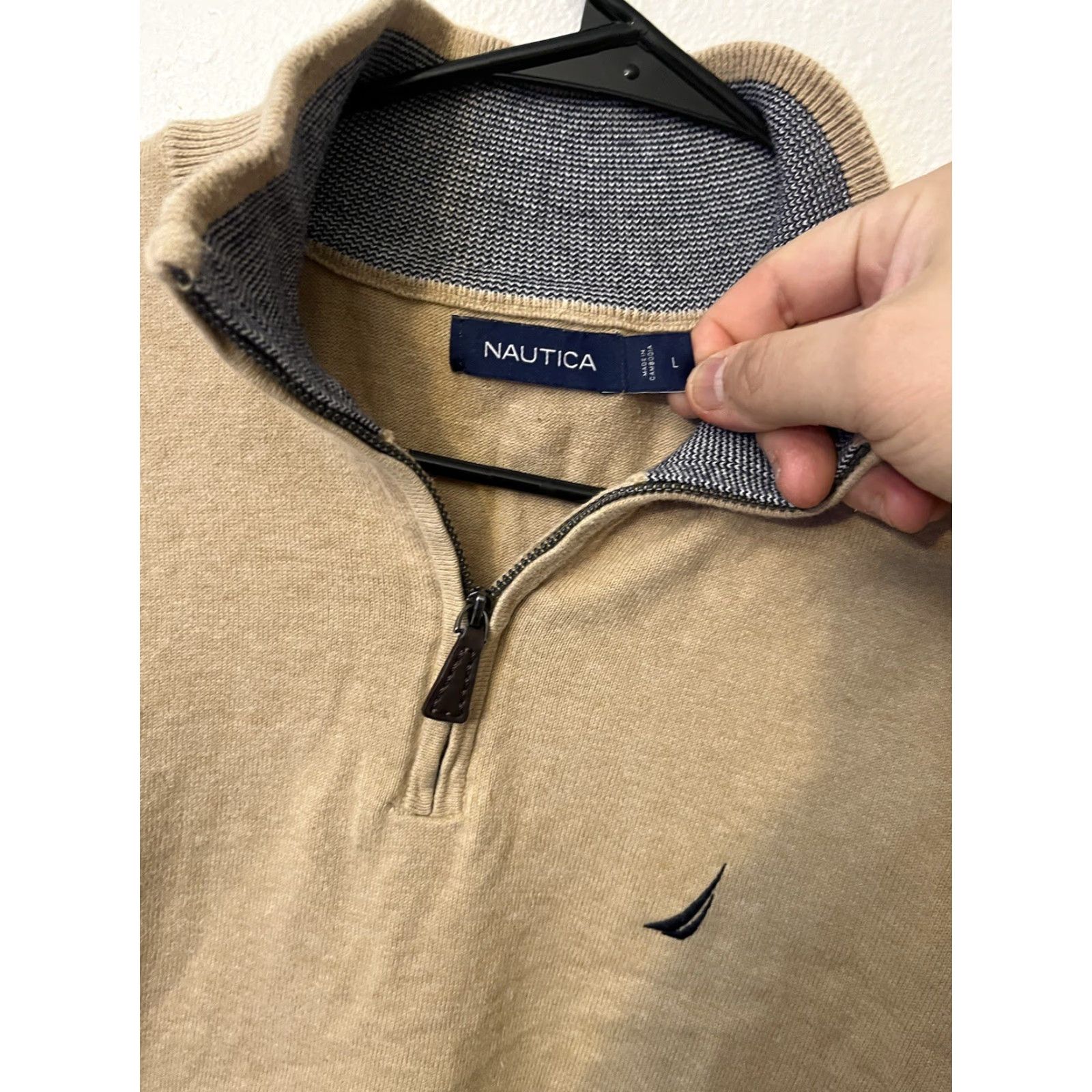 Nautica Nautica Sweater Pullover 1/4 Zip Adult Large Beige Brown Navy Logo Long Sleeve Mens Regular Knit Solid Golf American (Blue) Size US L / EU 52-54 / 3 - 3 Thumbnail