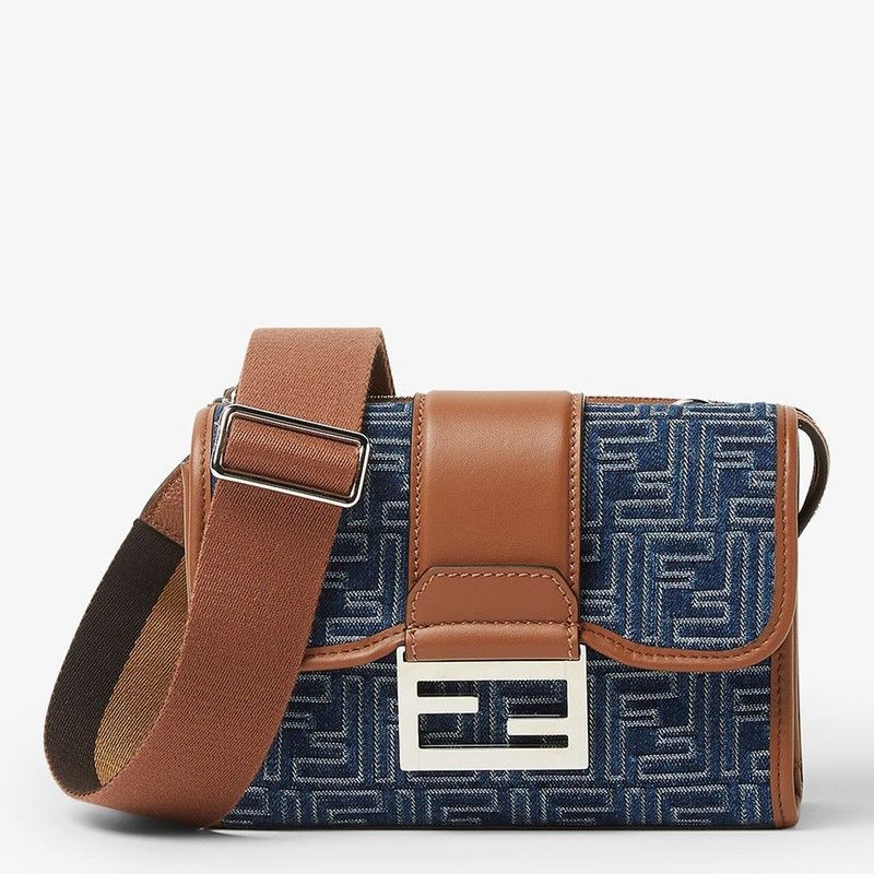 Fendi Baguette Double Bag In Blue Denim-Effect Ff Jacquard, Men's