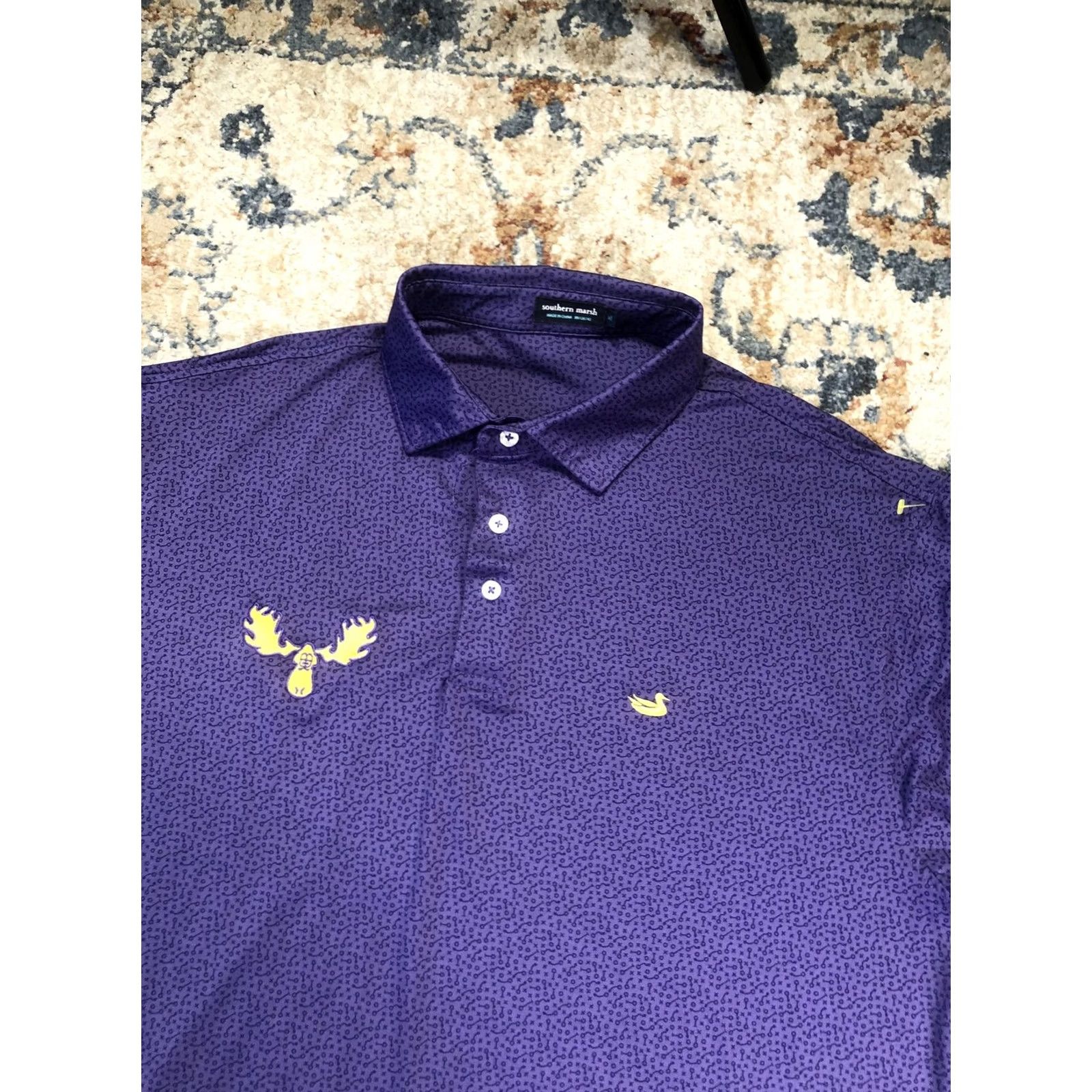Vintage Southern Marsh Polo Shirt Mens L Purple Barstool Moose Print Short Sleeve Size US L / EU 52-54 / 3 - 6 Thumbnail