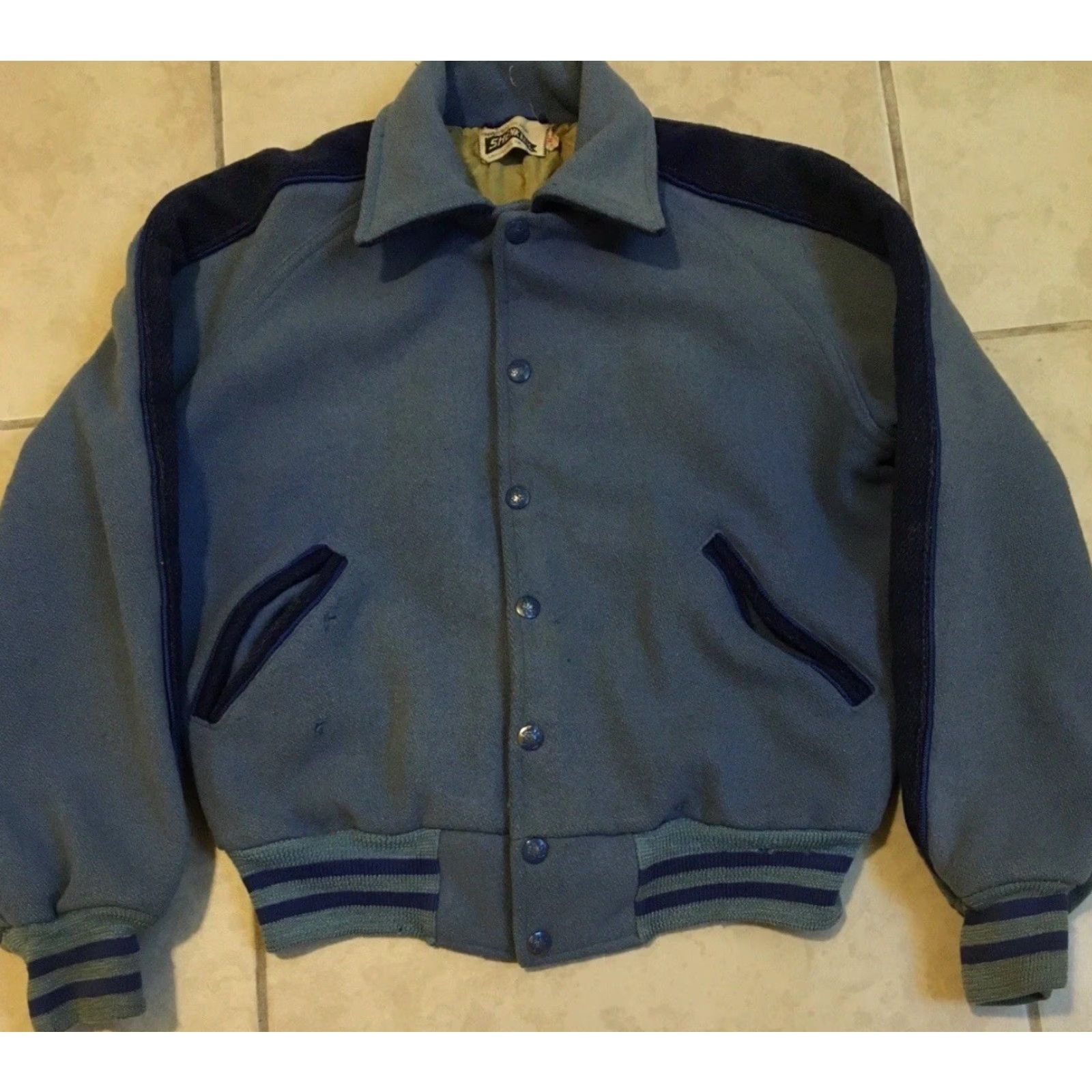 Vintage Vtg 60s Faded Varsity Letterman Jacket 36 USA Wool Blue Striped Bomber Jacket Mens 60s 70s Grunge Football Track PE University School California LSHS Size US XXS / EU 40 - 2 Thumbnail