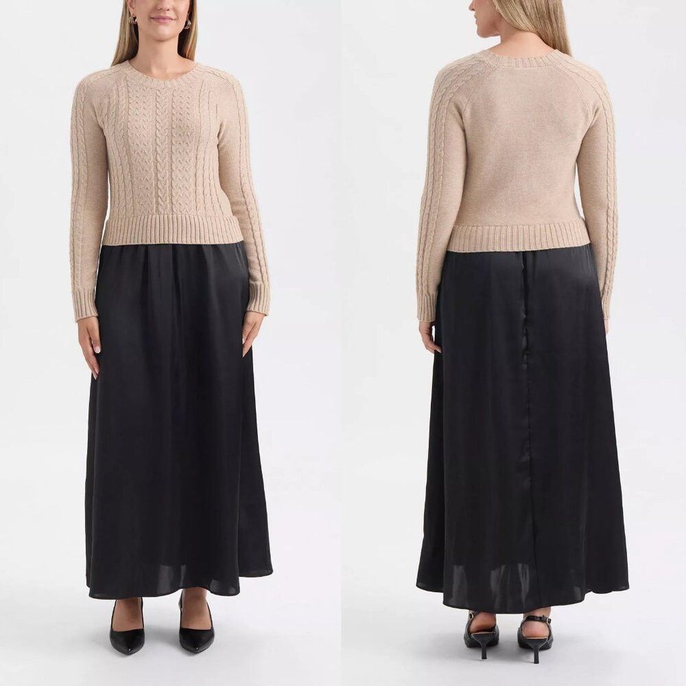 NWT New $149 Ellen Tracy Twofer Cable Maxi Taupe Mix Sweate