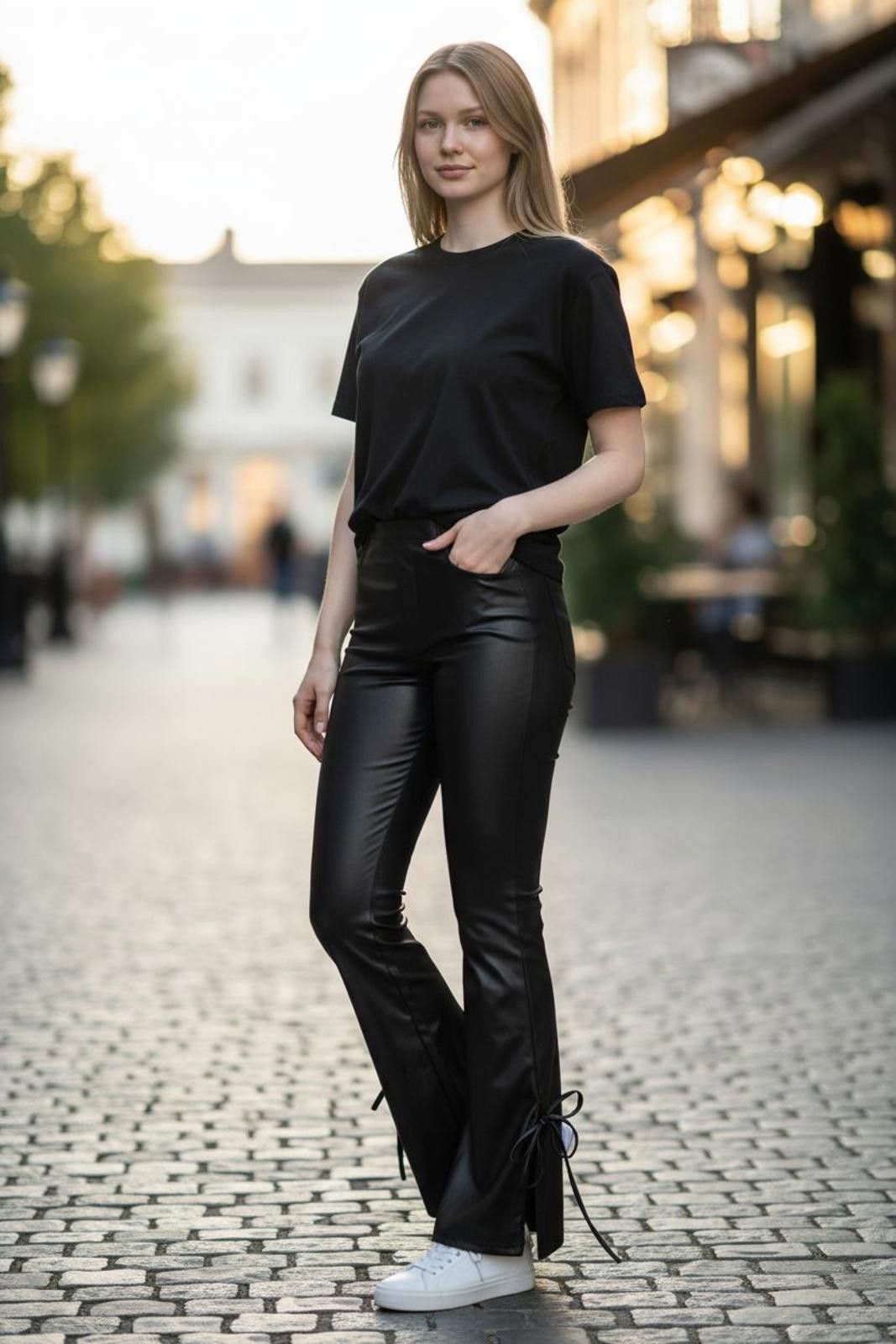 Fashion Nova Fashion Nova Black Faux Leather Flared Pants/Side Tie Detail Size 40" / US 18 - 2 Thumbnail