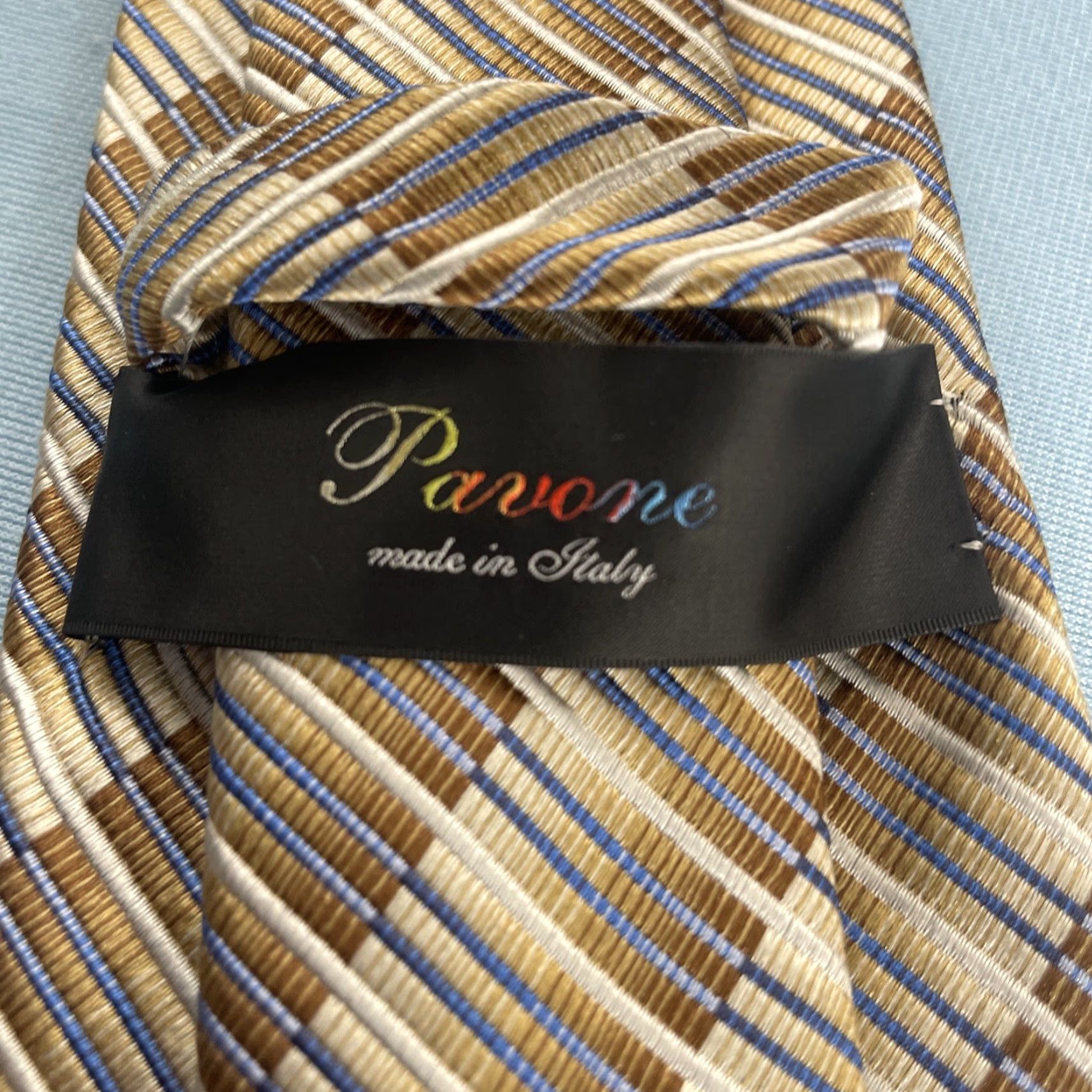 Vintage Pavone Tie Geometric Ribbed Woven Silk ITALY Vintage 3.5x61" Brown Cream Blue Mens Width 3.5" 1990s Signature Statement Size ONE SIZE - 6 Thumbnail