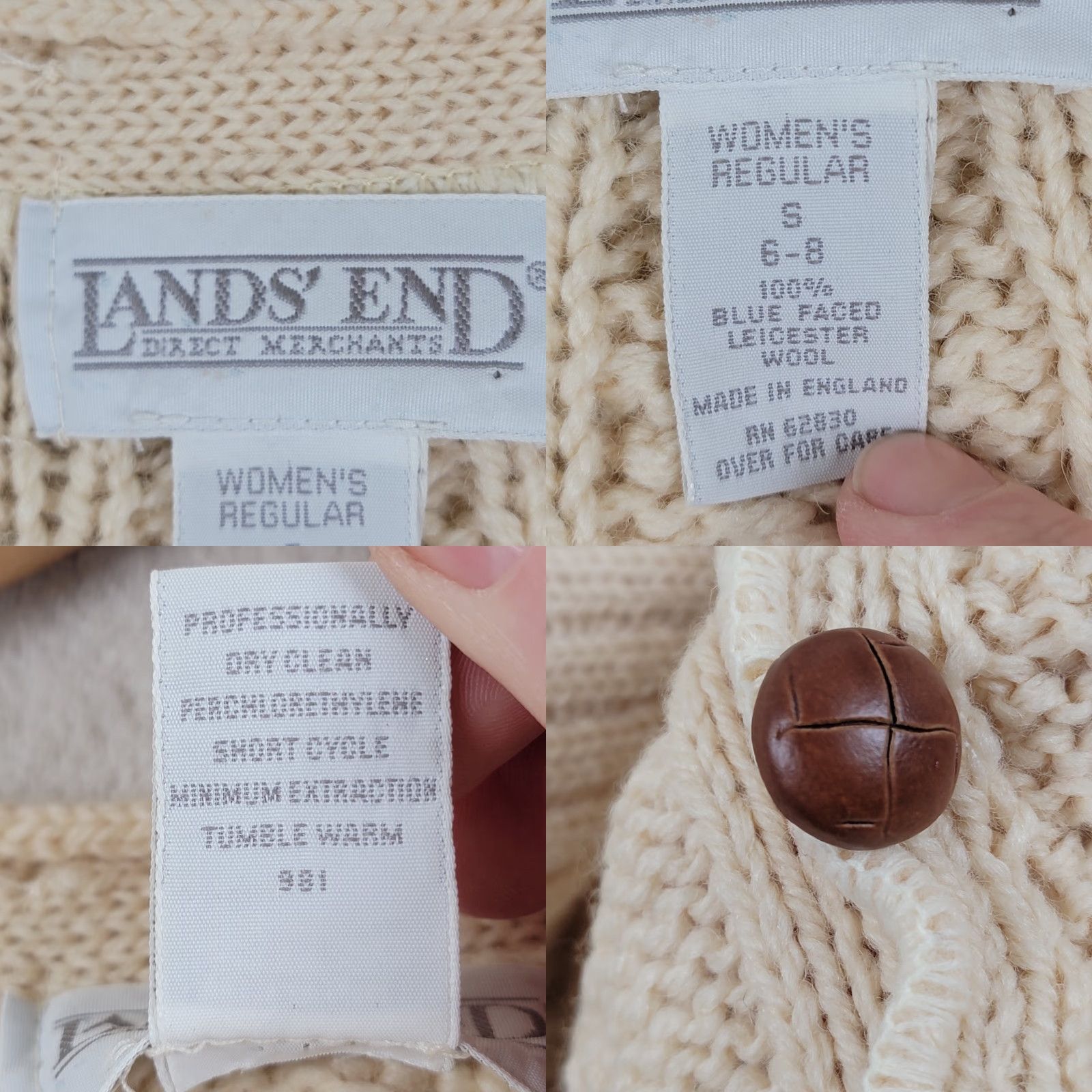 Lands' End VINTAGE Lands' End Fisherman Cardigan Sweater Womens S 100% Wool Ivory Thick Wool Chunky-Knit Winter Leather Buttons Boys??? Size S / US 4 / IT 40 - 10 Thumbnail