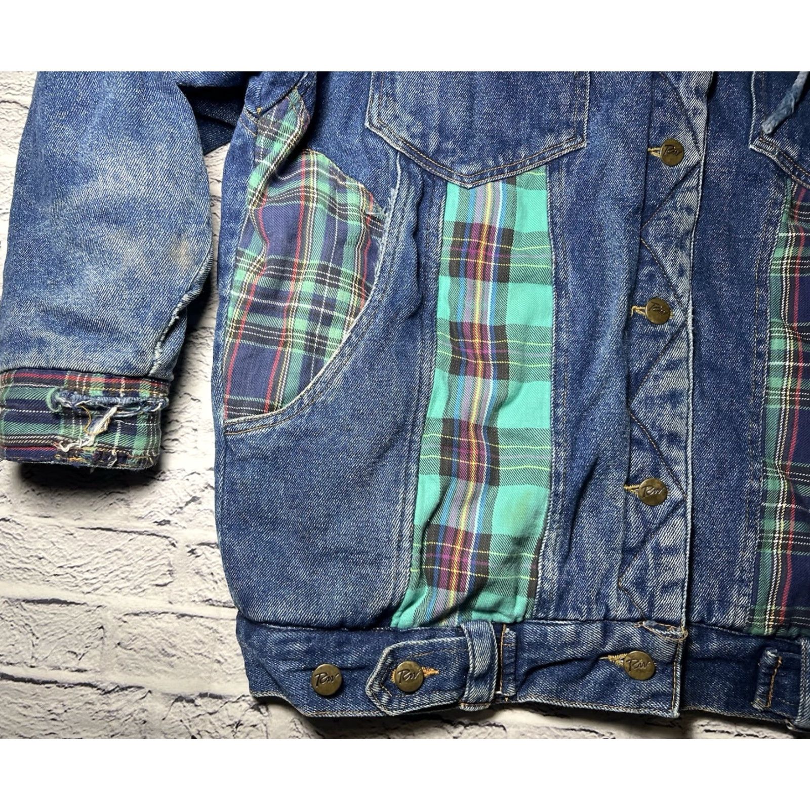 Rainbow VINTAGE Rainbow West Heavy Denim Jacket Geometric Plaid Trim Quilted Hooded Padded Pockets Unisex Adults M Blue Fall Winter Size M / US 6-8 / IT 42-44 - 5 Thumbnail