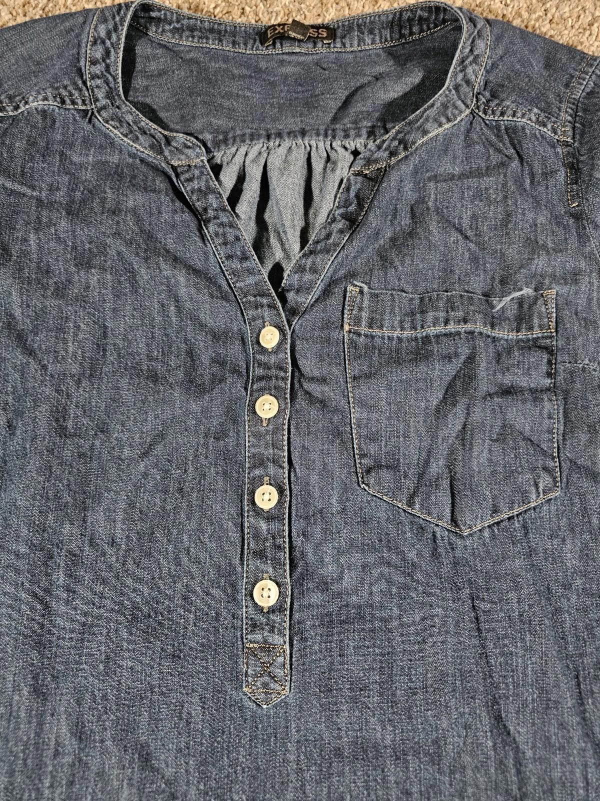 Express Express Blue Denim Long Smock Shirt L Size L / US 10 / IT 46 - 2 Thumbnail