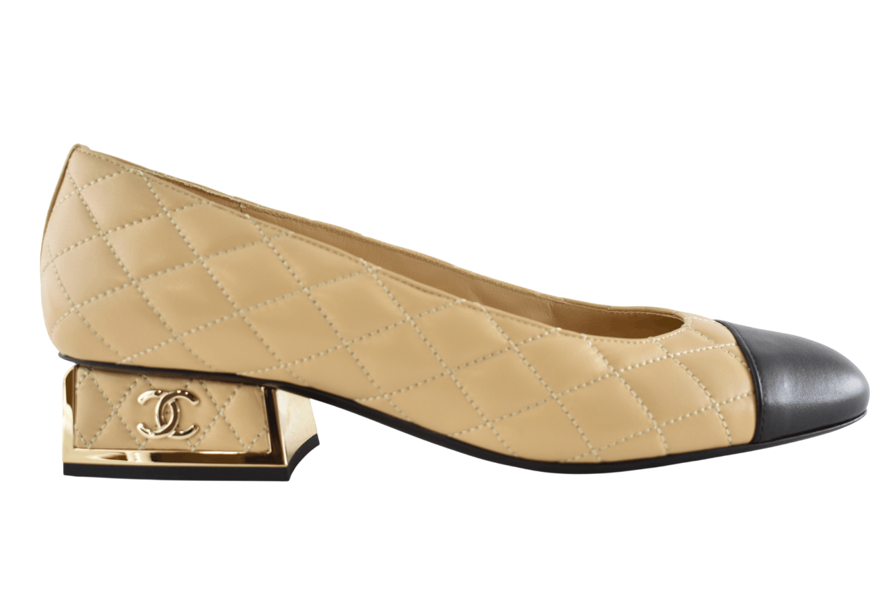 Chanel Chanel 24B Beige Lambskin Quilted Gold Block Heel Pumps 38.5 Size US 8.5 / IT 38.5 - 1 Thumbnail
