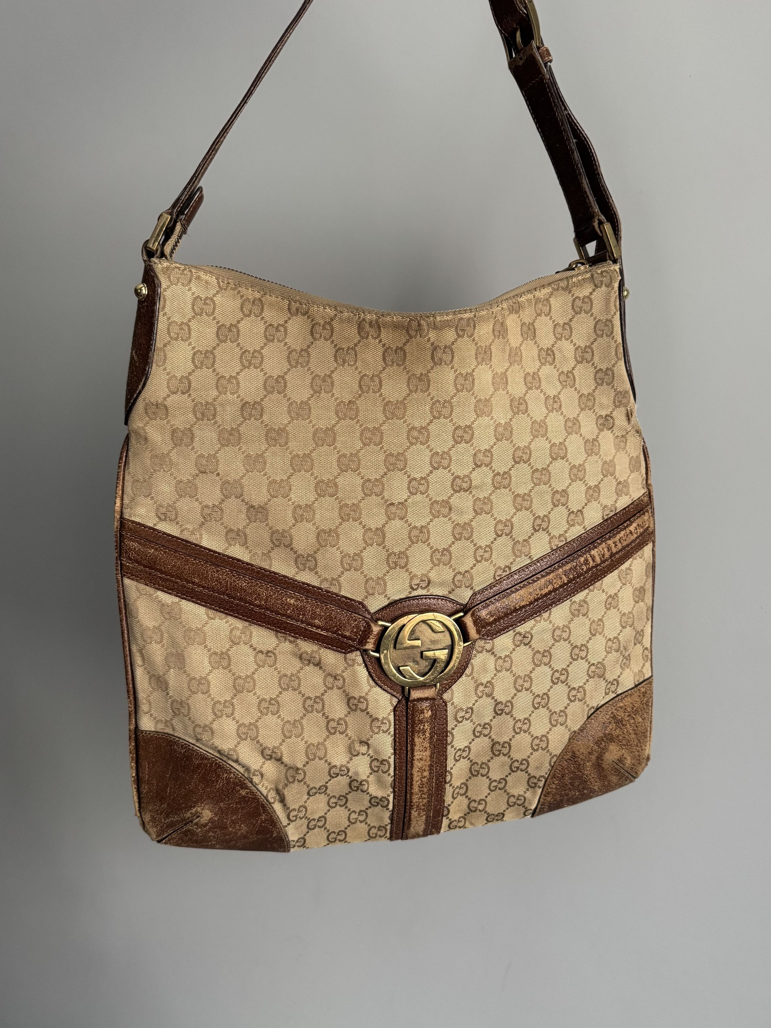 Vintage Gucci GG Canvas Leather Shoulder Bag Monogram