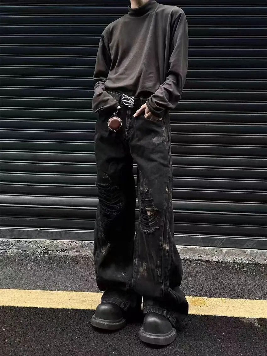 Designer × Japanese Brand Waxed and graffitied ripped and spliced baggy jeans Size US 34 / EU 50 - 1 Thumbnail