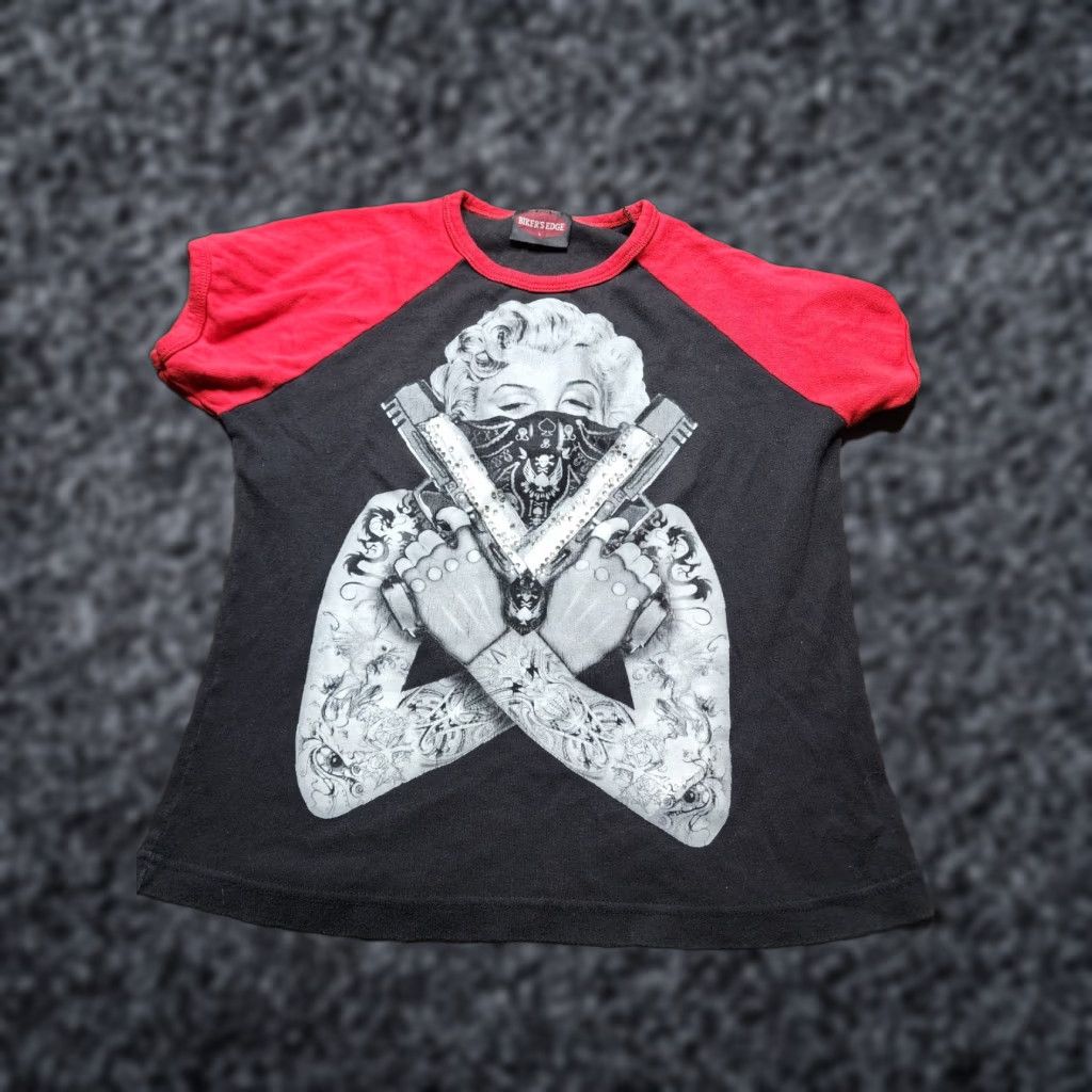 Vintage Womens L Marilyn Monroe Guns Tattoo Bike Week 2012 T Shirt Distressed Bikers Edge Black Short Sleeve Round Neck Cotton Blend T-Shirt Womens L Size L / US 10 / IT 46 - 1 Thumbnail
