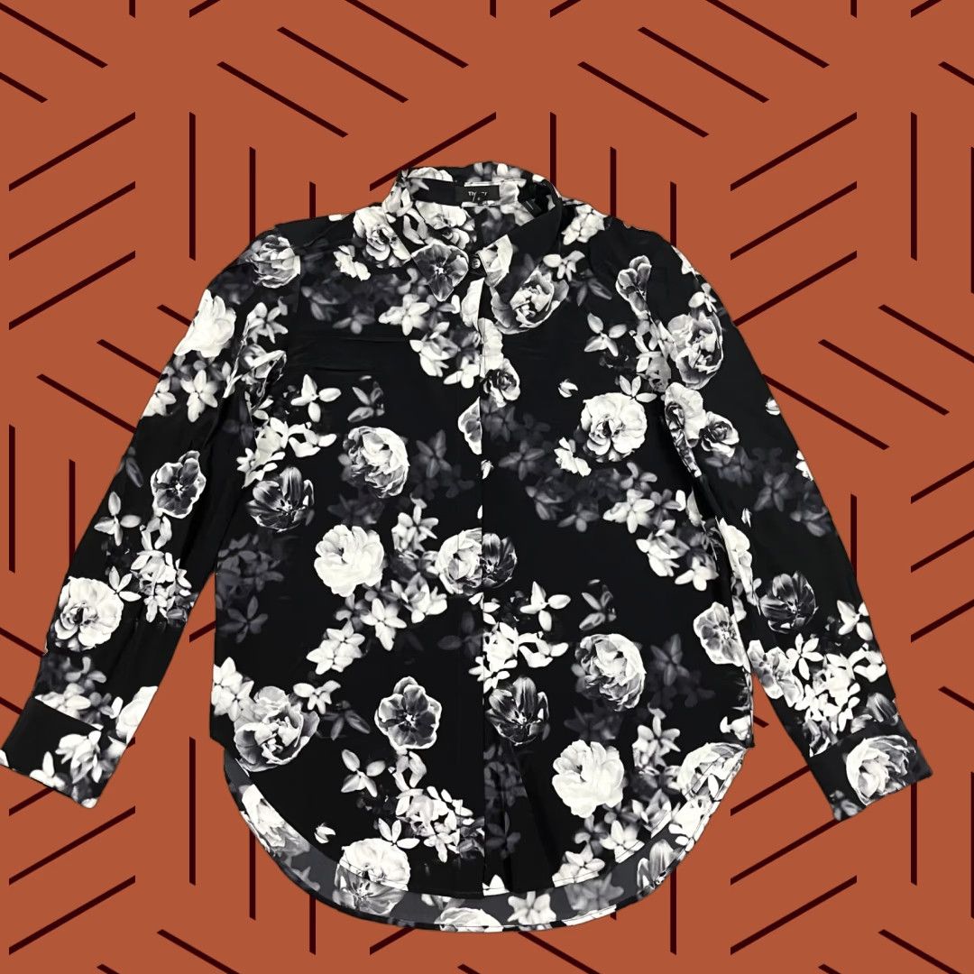 Theory Theory Black Floral Silk Sheer Button-Up Shirt Womens Large Casual Lightweight Long Sleeve Size L / US 10 / IT 46 - 1 Thumbnail